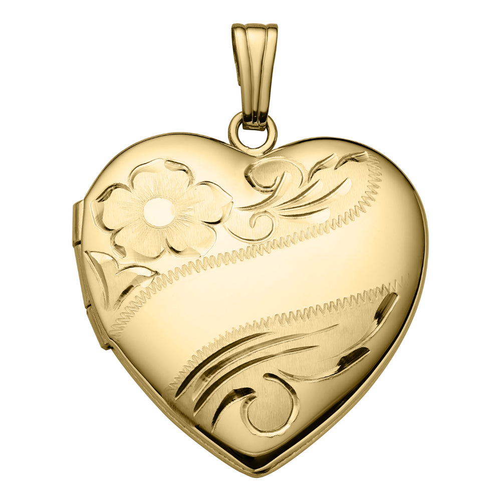 14k Yellow Gold Hand - Engraved Floral Heart Locket with 20 - inch Rope Chain