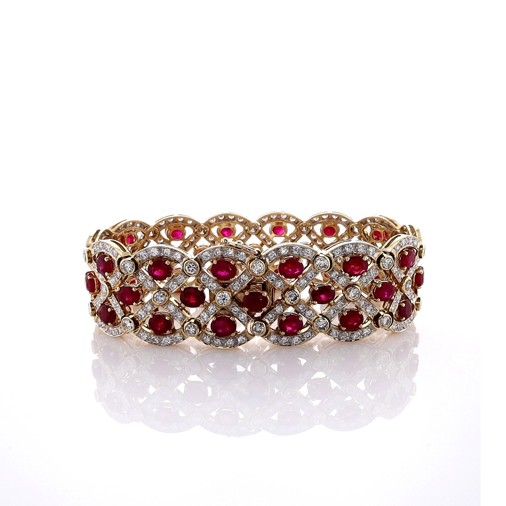 18K Yellow Gold Bracelet with Oval Rubies and Round Brilliant Cut Diamonds