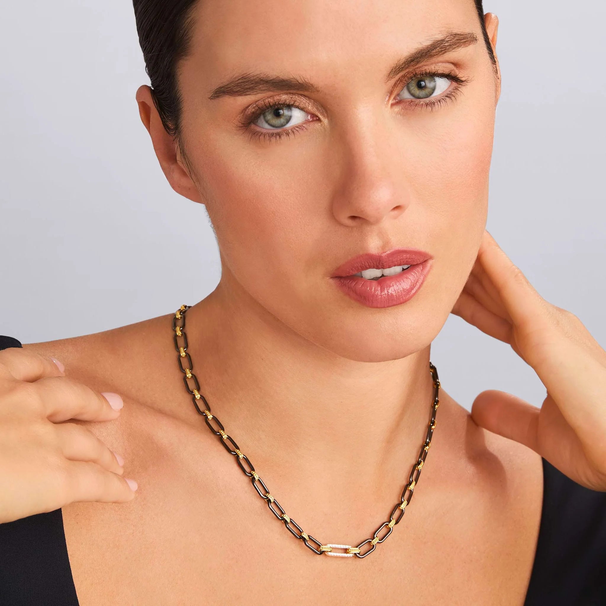 Lagos Signature Luxury 18k Gold and Black Ceramic Diamond Station Link Necklace for Women, with 6mm Diamonds