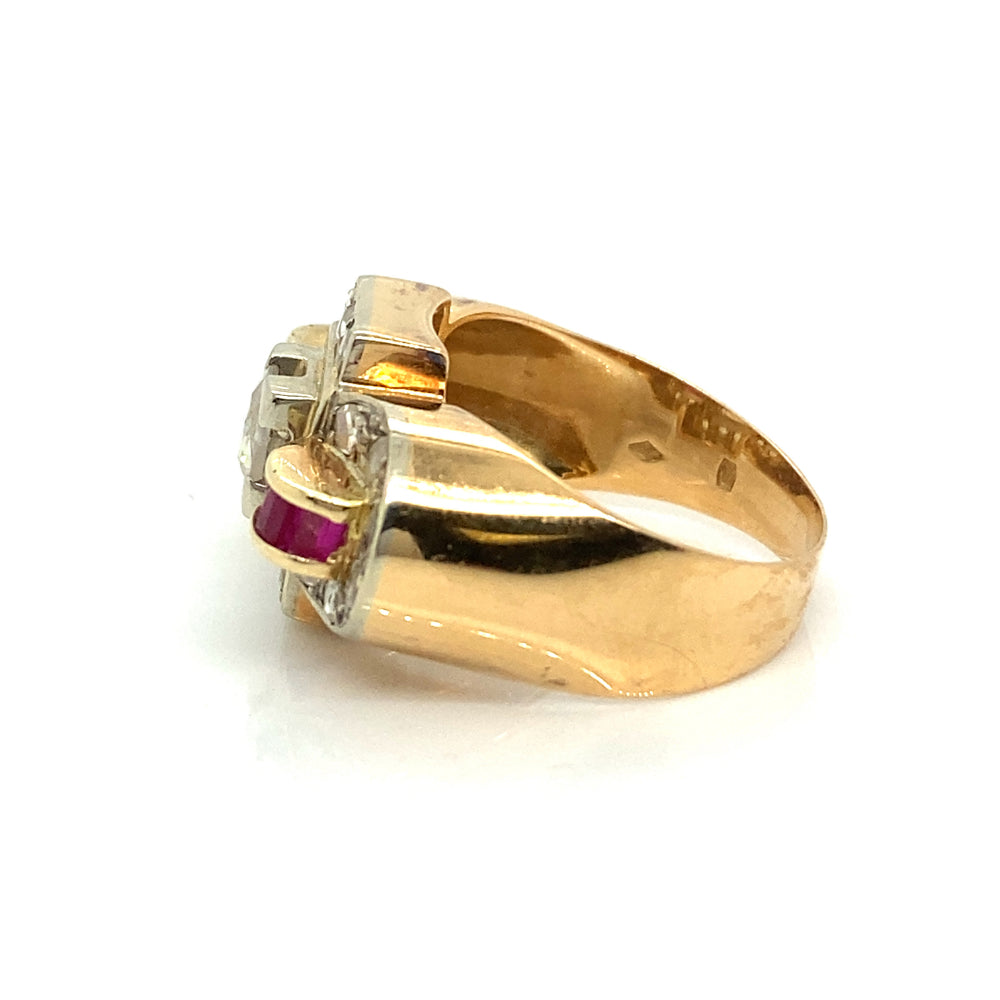 Retro 18k Yellow Gold Estate Ring with Diamond and Ruby