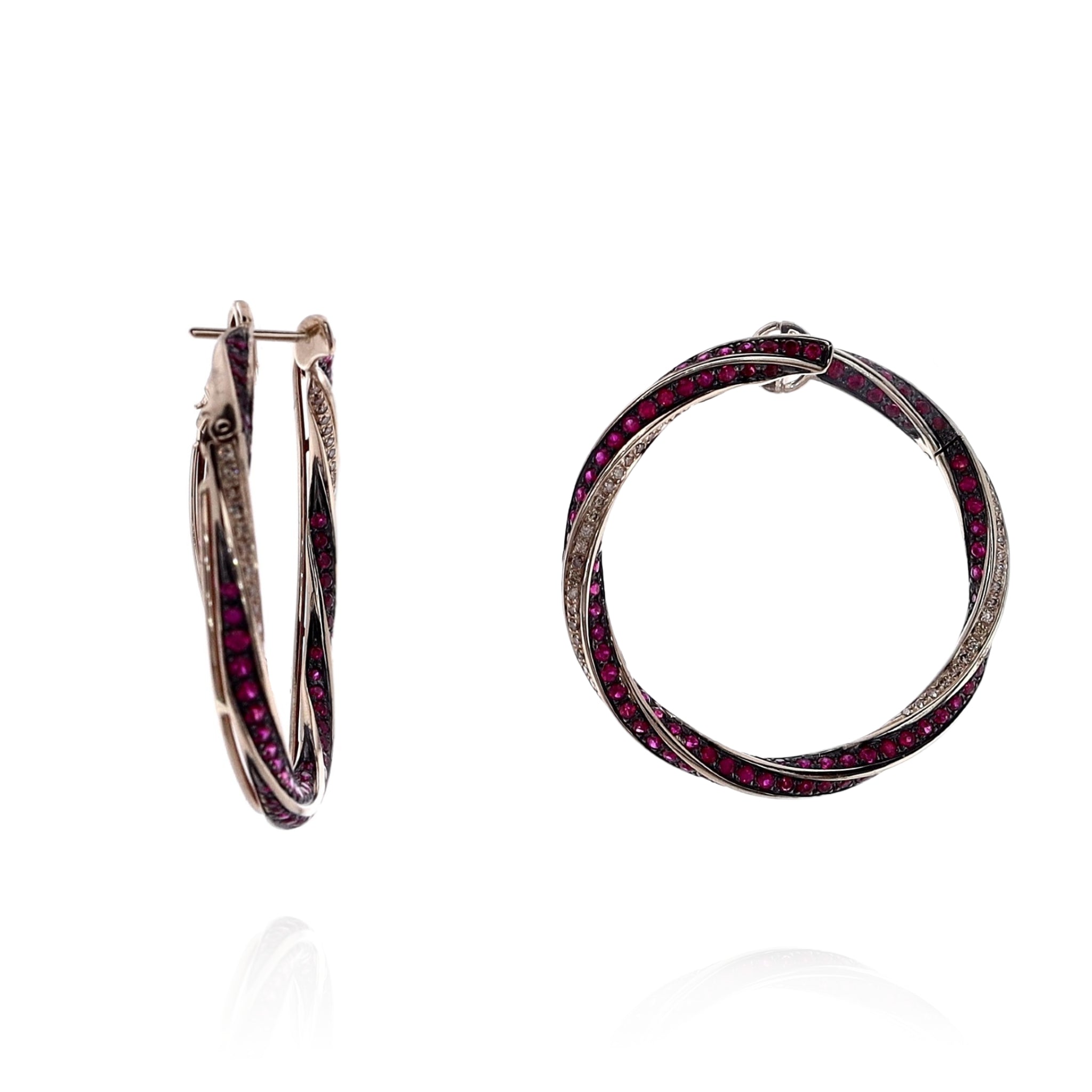 Giorgio Armani 18k White Gold Twisted Circle Hoop Earrings with Rubies and Diamonds