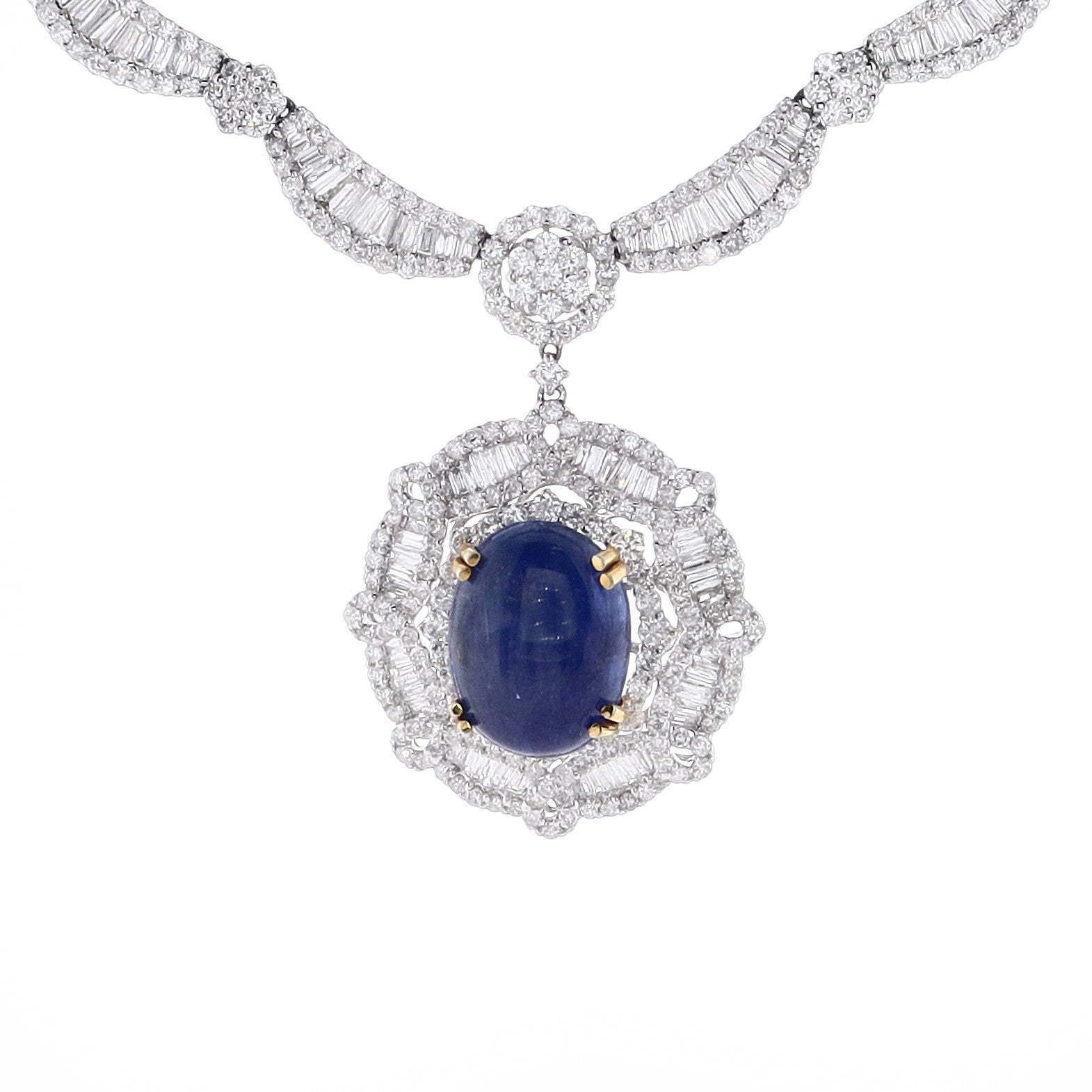18k White Gold Necklace with Scallop Design, Star Sapphire and Diamonds