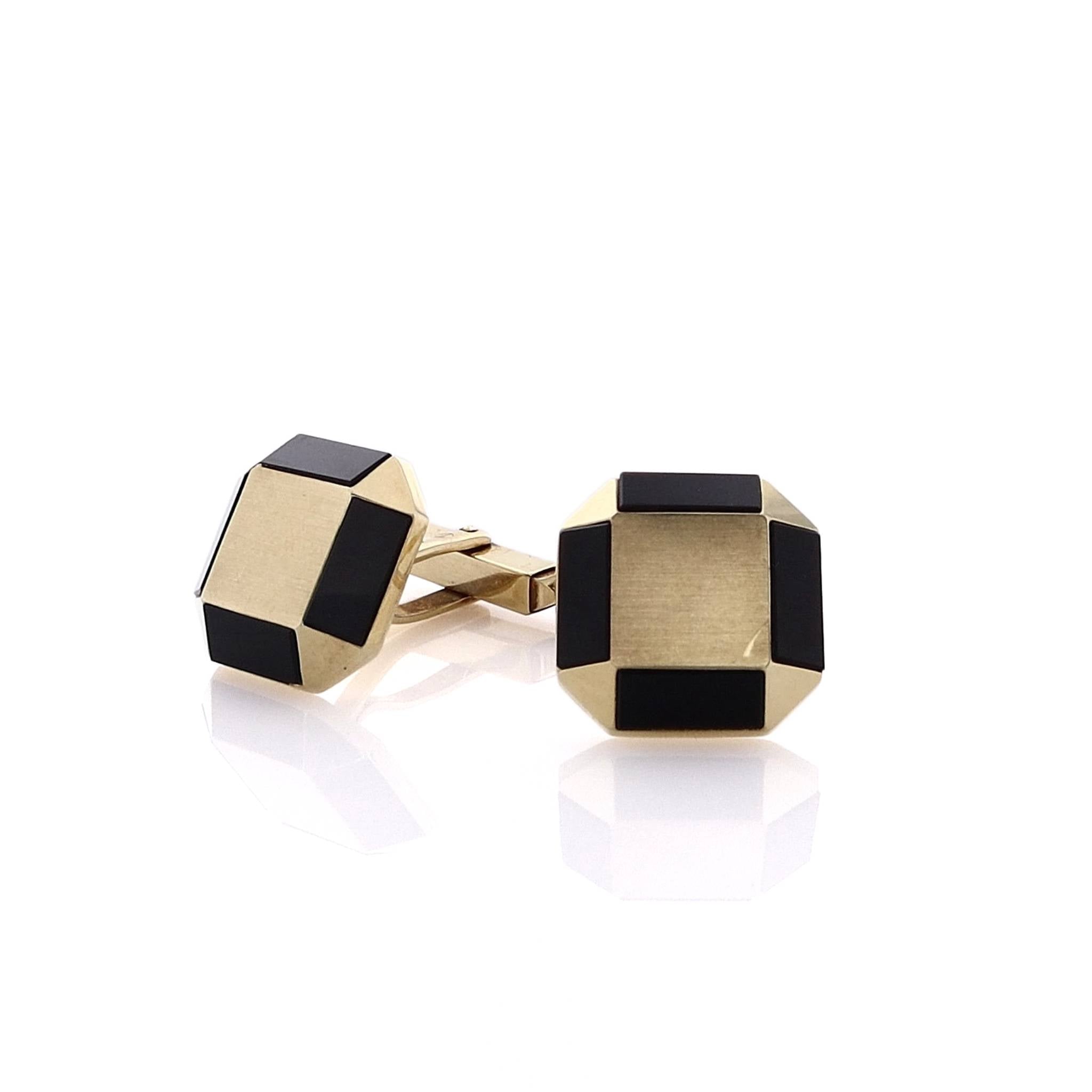 14 Karat Estate Yellow Gold Onyx Bordered Cufflinks with Unique Design