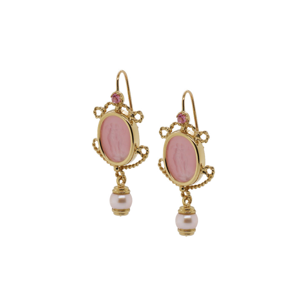 Vintage 18k Yellow Gold Intaglio Drop Earrings with Twisted Rope Design