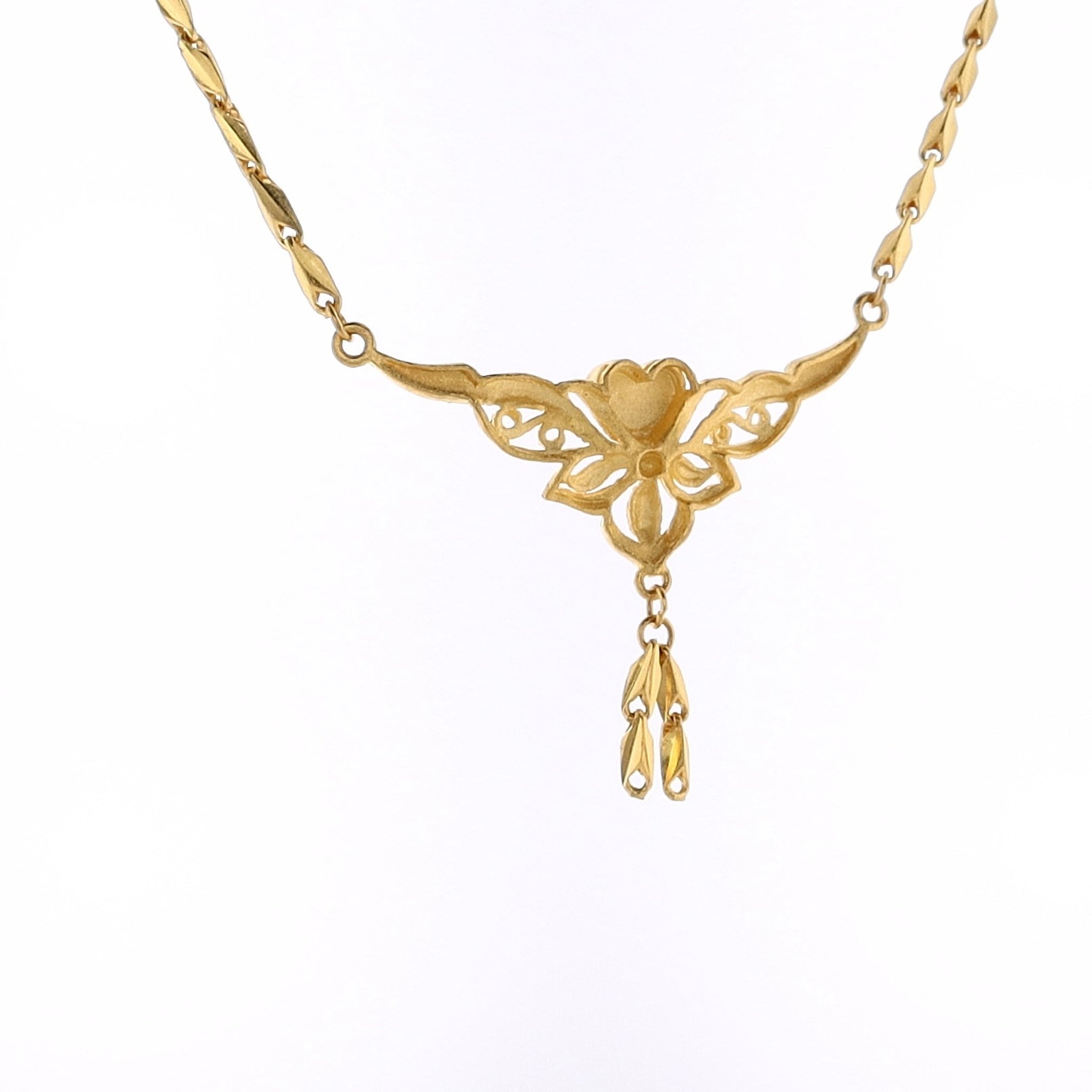 24K Yellow Gold Rectangular Link Necklace with Diamond - Cut Heart and Filigree Dangle Pendant