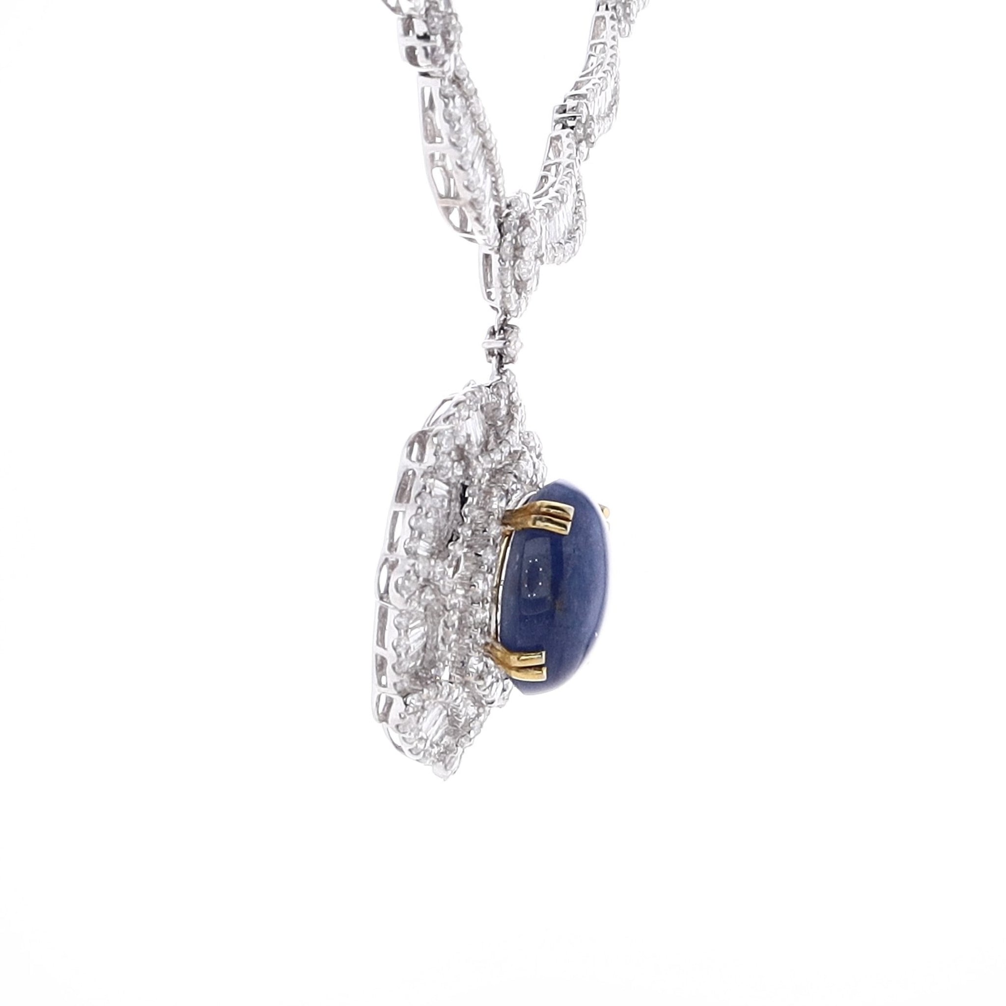 18k White Gold Necklace with Scallop Design, Star Sapphire and Diamonds