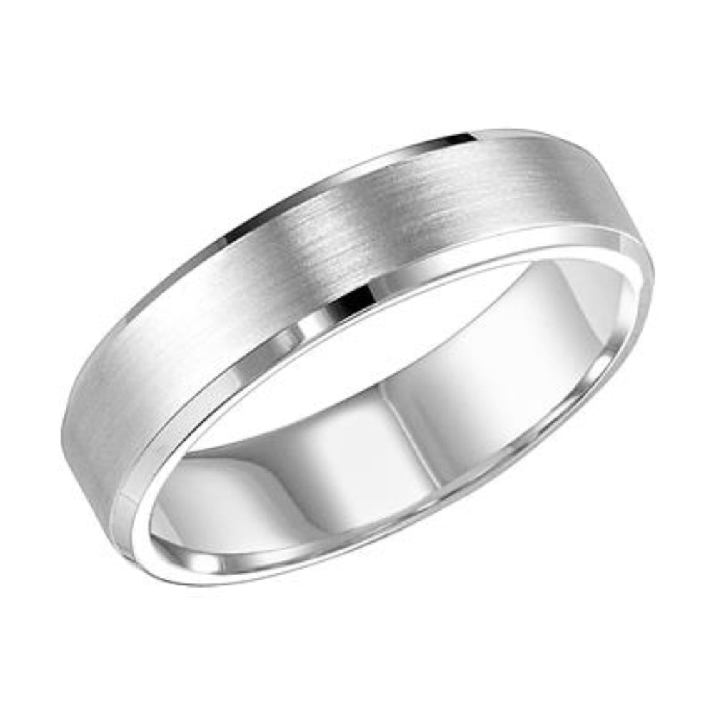 18k White Gold 6mm Comfort Fit Men's Flat Bevel Carved Wedding Ring