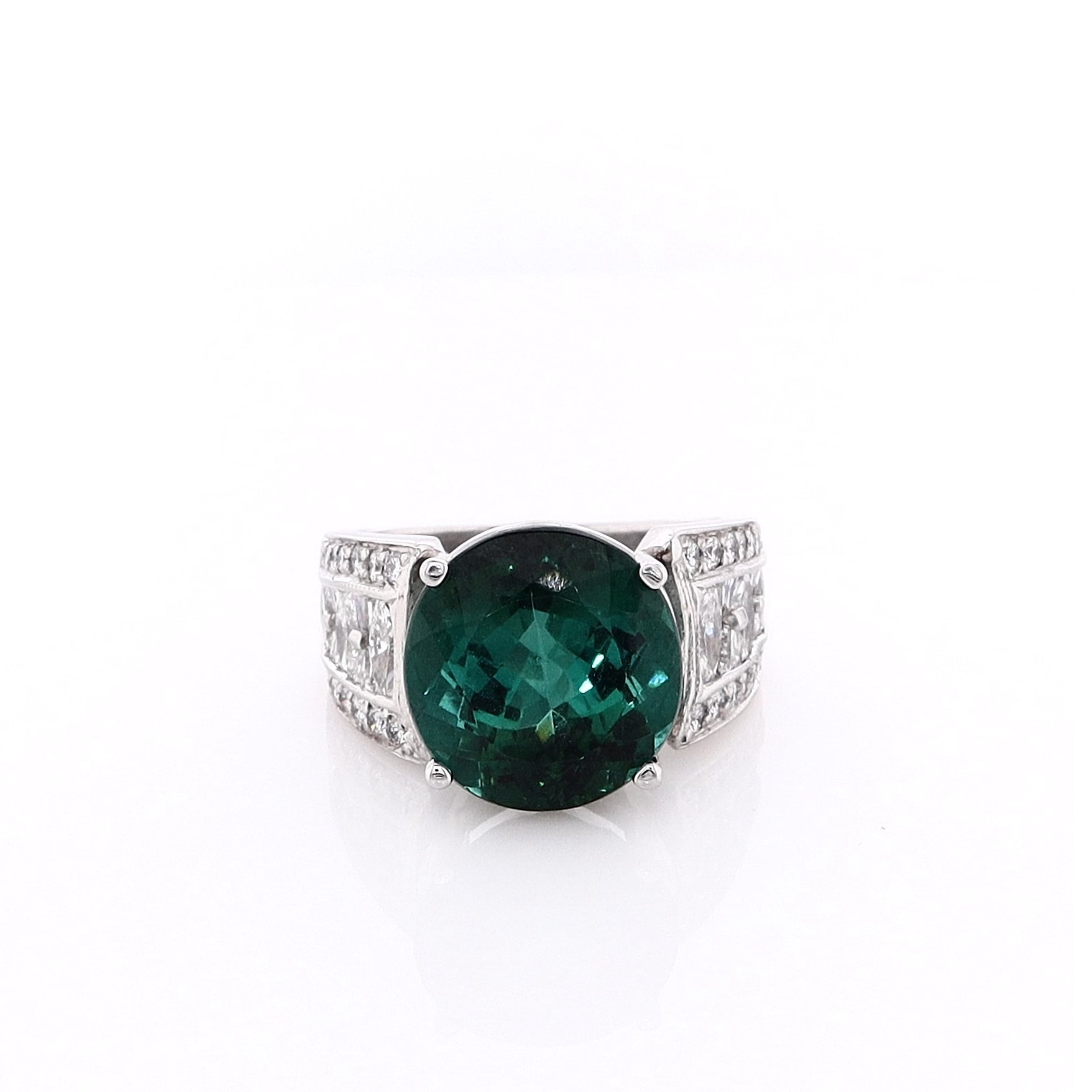 Luxury Estate Platinum Ring Featuring 9.53 Carat Indicolite Tourmaline and 1.40 Carat Total Diamonds
