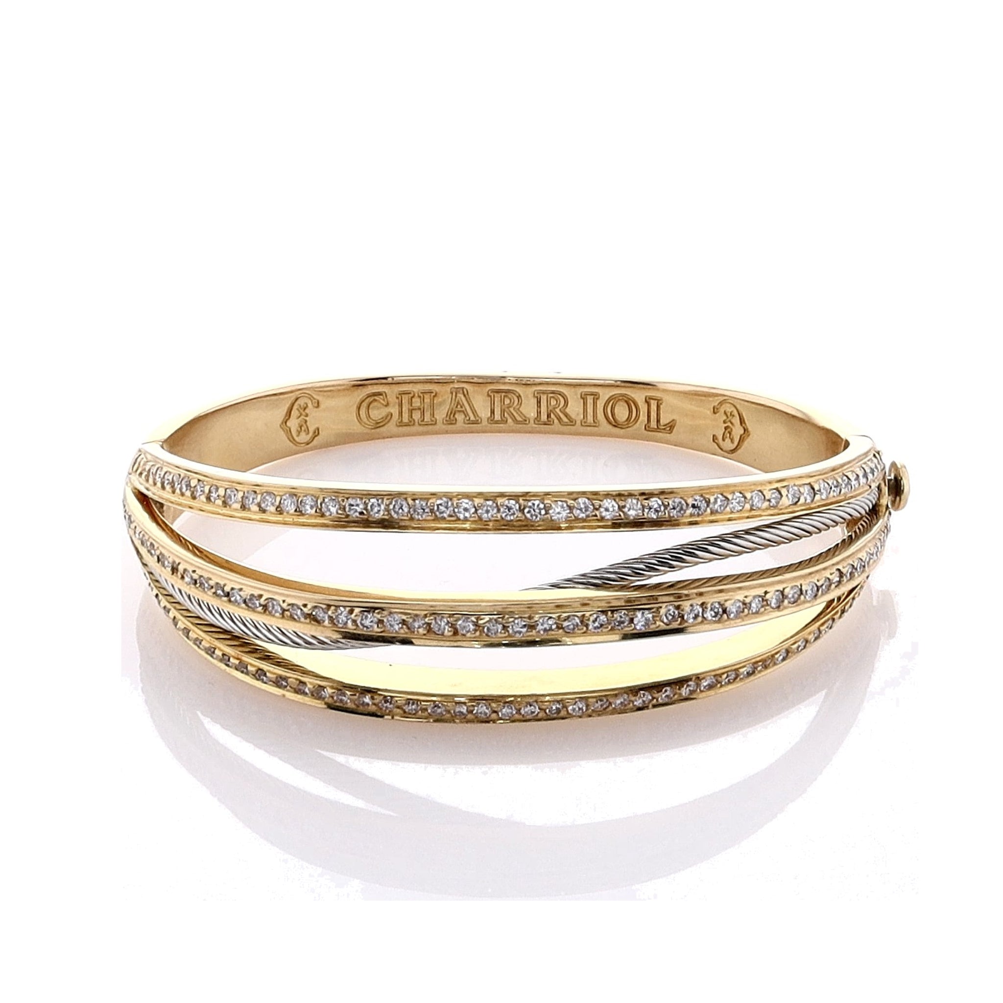 Charriol 18k Yellow Gold Multi - Row Diamond Hinged Bracelet with Wavy Cable