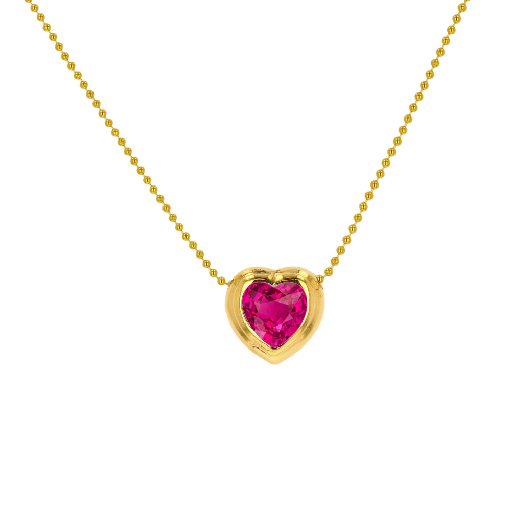 14K Yellow Gold Pink Tourmaline Heart Pendant Beaded Chain Necklace