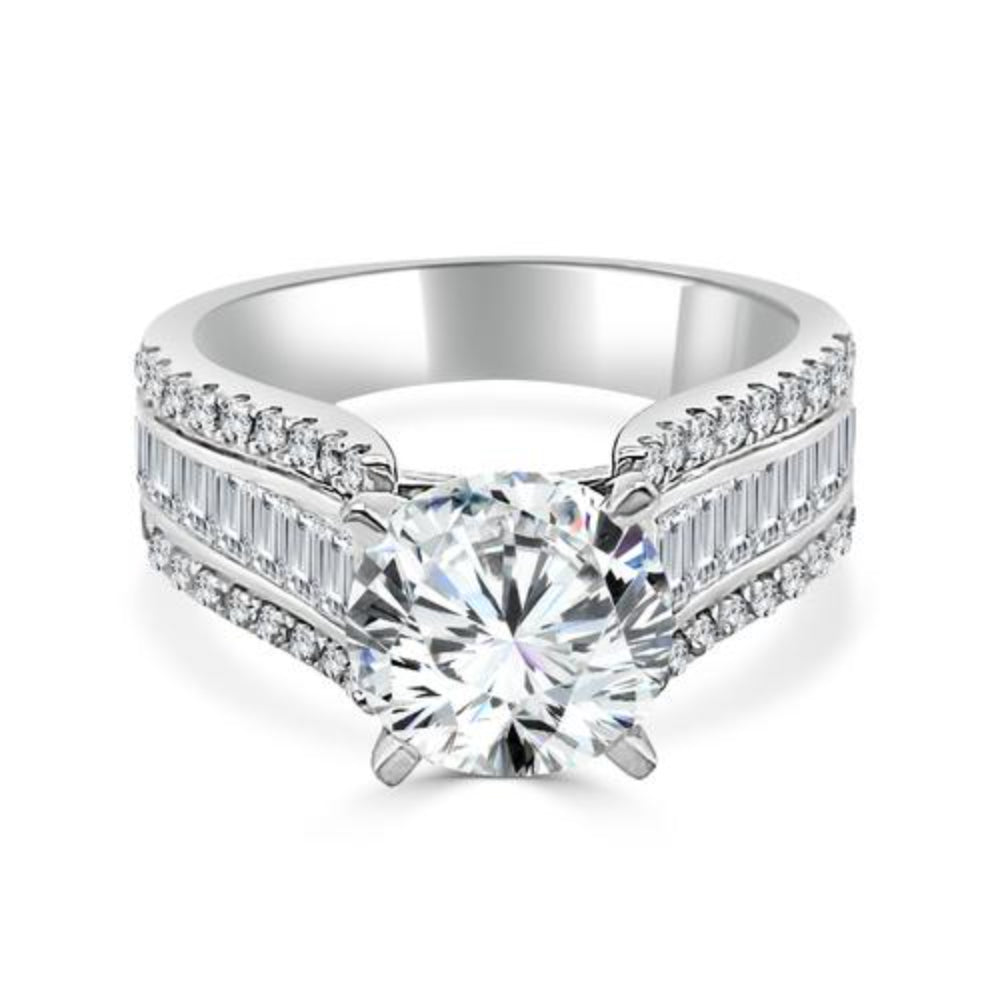 14k White Gold Cathedral Engagement Ring with Baguette and Round Diamonds