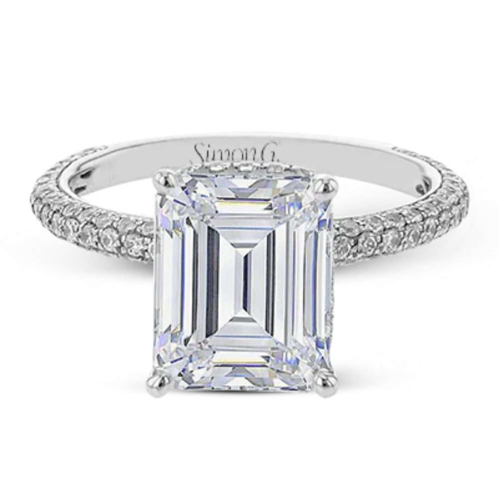 Simon G. Exquisite 18k White Gold Emerald - Cut Hidden Halo Engagement Ring Adorned with Sparkling Diamonds