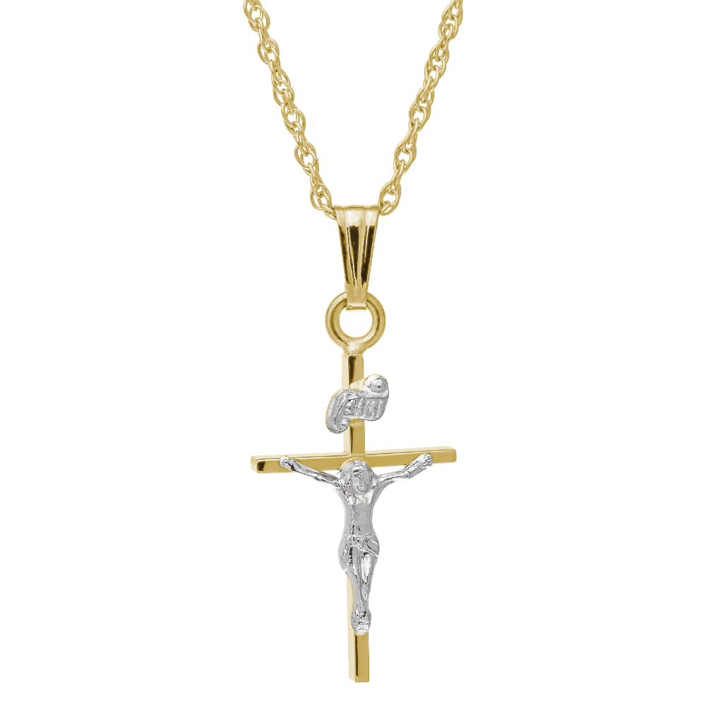 14k Two-tone Gold Religious Crucifix Pendant Necklace with 18-inch Chain