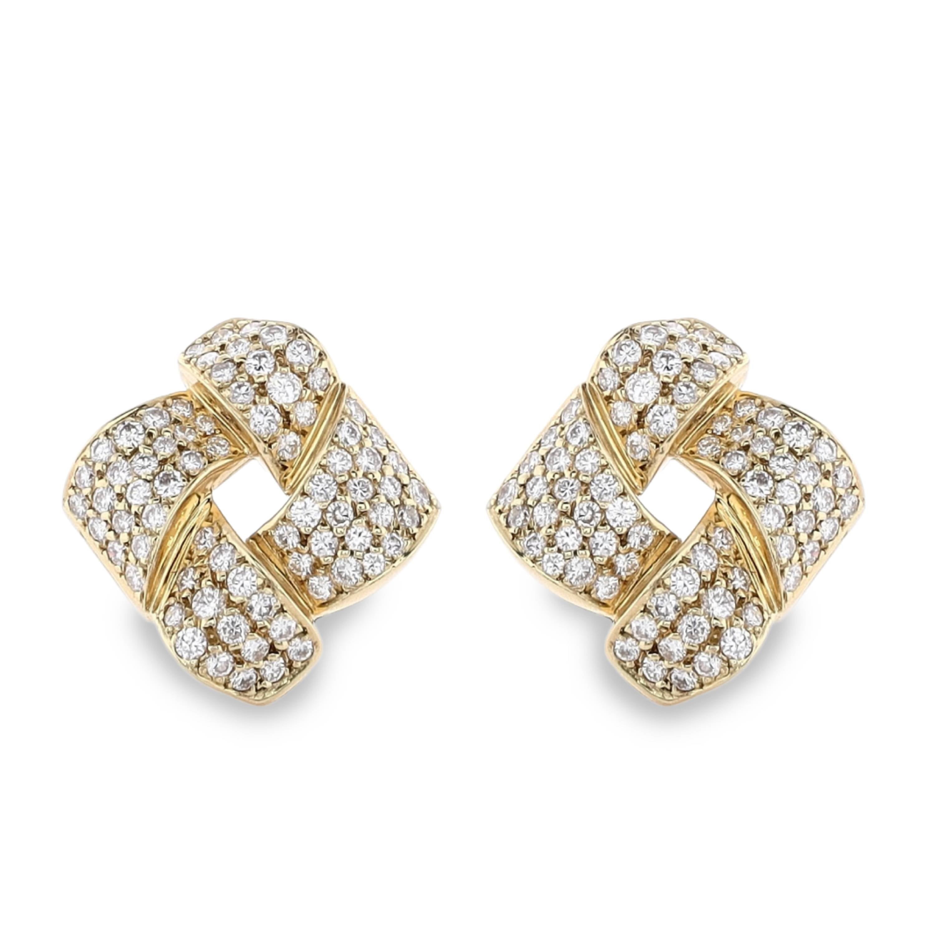 Antique 18k Yellow Gold Pave Diamond Knot Style Clip-On Earrings for Women