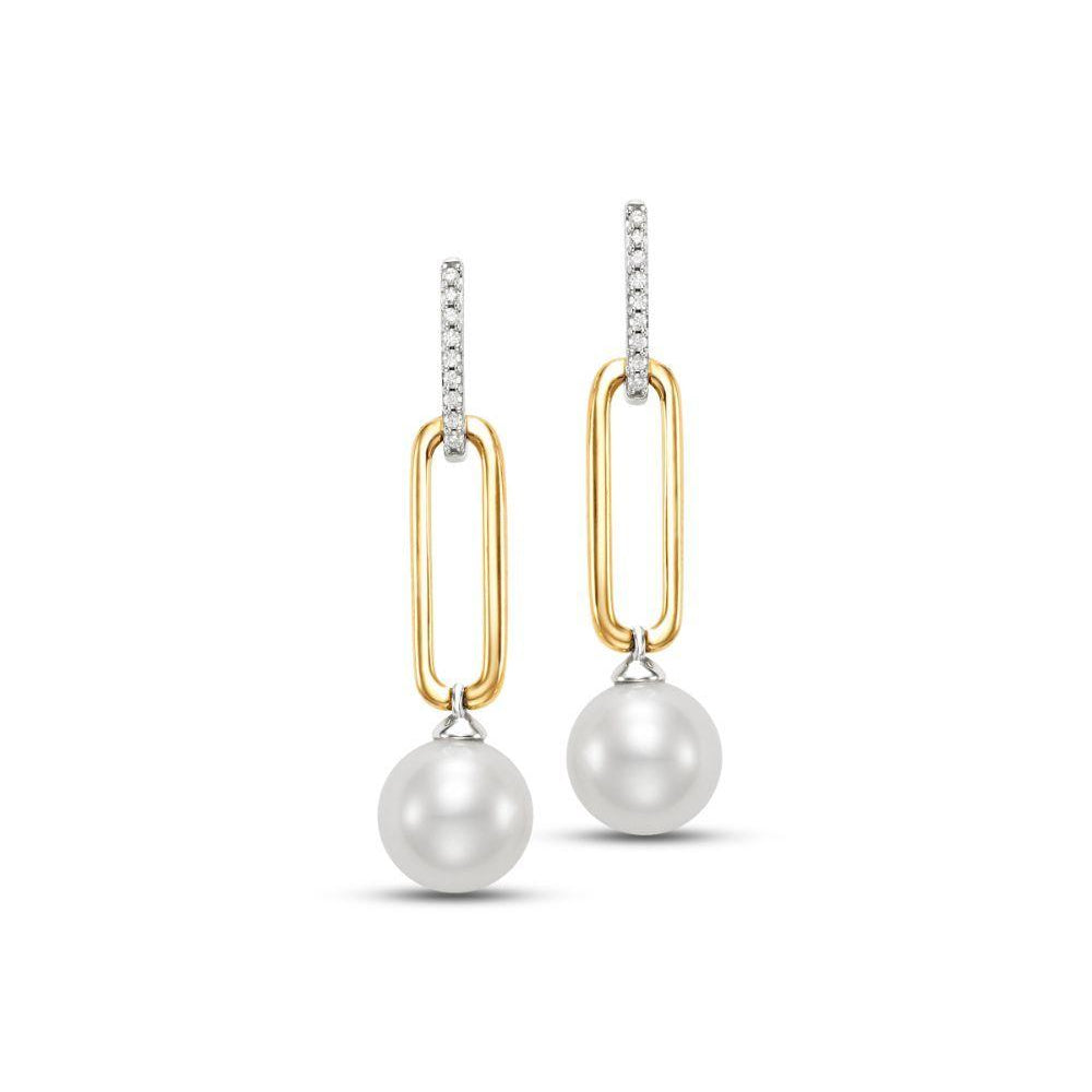 Exquisite 14k Gold Two-Tone Drop Earrings with 8 - 8.5mm Freshwater Pearls and 0.06tw Diamonds