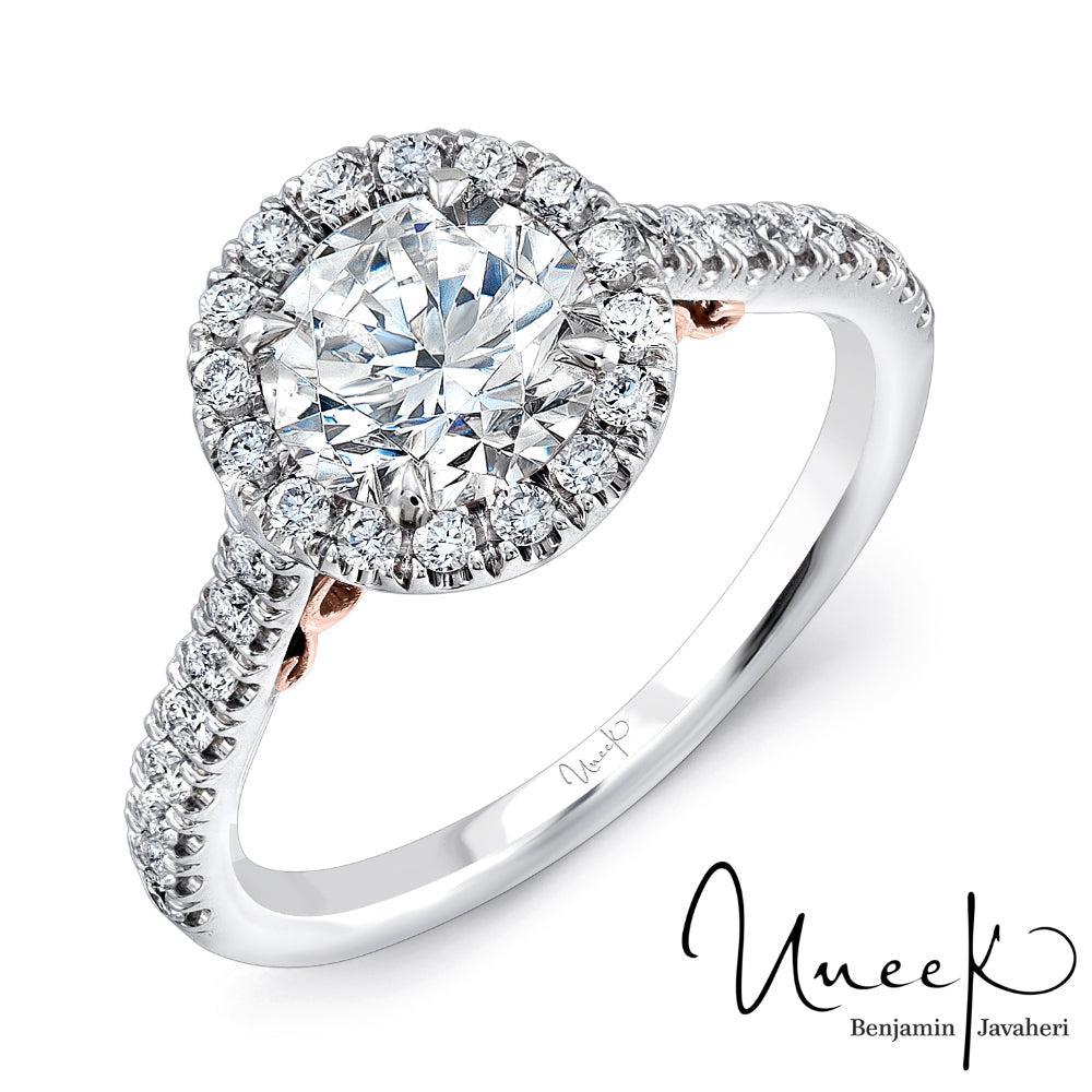 14K White Gold Uneek Fiorire Round Diamond Halo Engagement Ring with Rose Gold Filigree