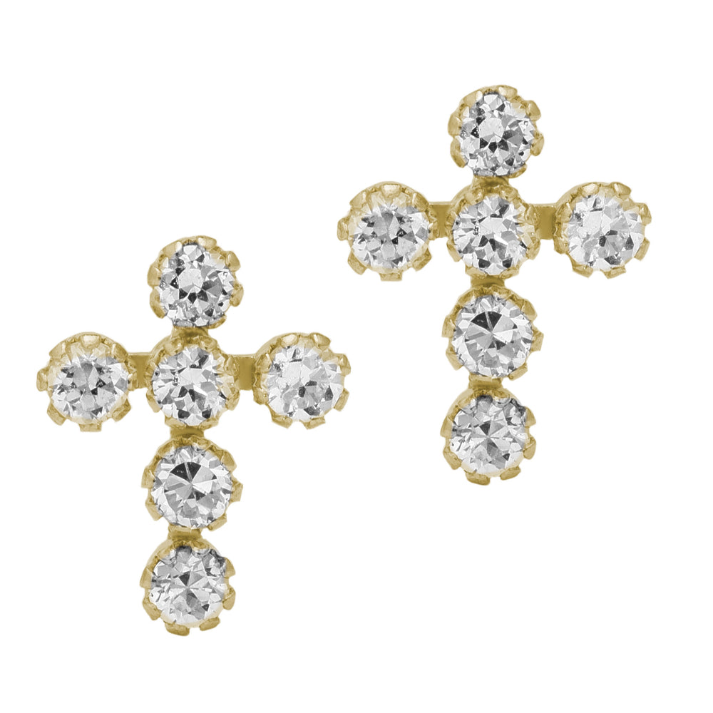14k Gold Cubic Zirconia Cross Stud Earrings for Children