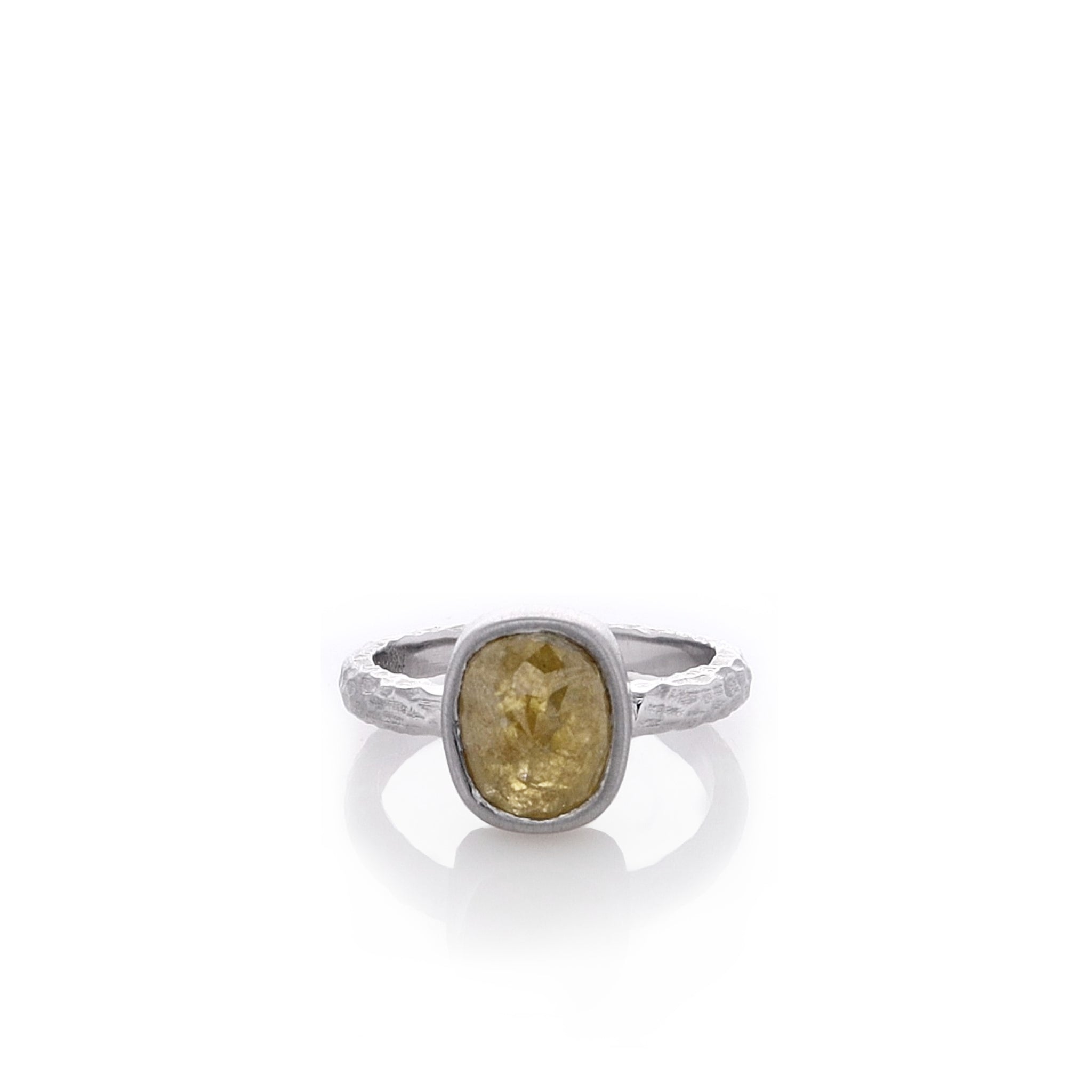 14k White Gold Ring with Brushed Hammered Shank and 2.15ct Rose Cut Oval Gold Stone