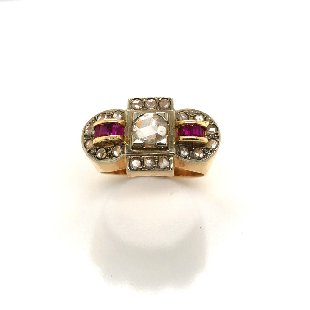 Retro 18k Yellow Gold Estate Ring with Diamond and Ruby