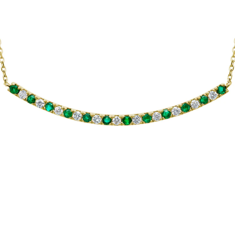 14k Gold Emerald and Diamond Curved Bar Style Pendant Necklace for Women