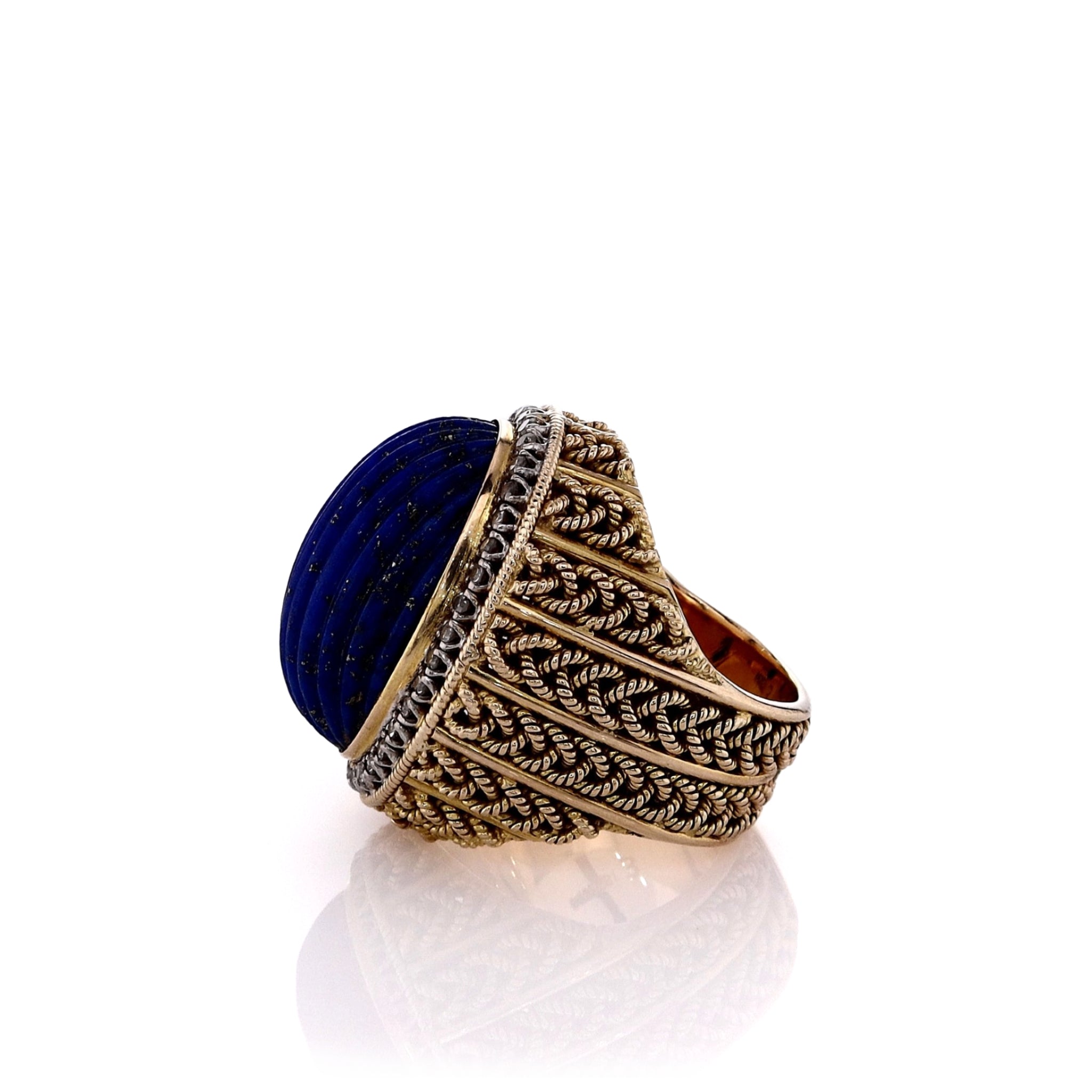 Exquisite Estate 14k Yellow Gold Jewelry - Carved Lapis and Diamond Halo Engagement Ring