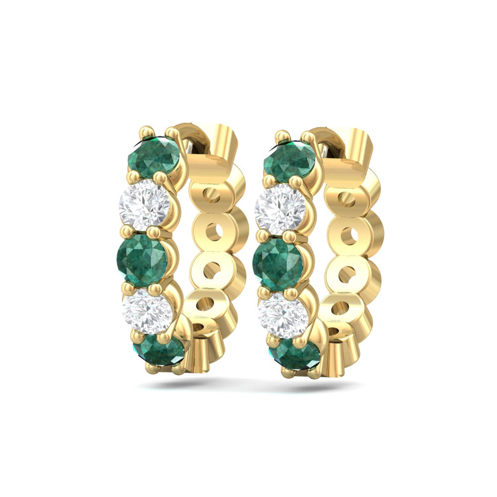 14k Yellow Gold Emerald and Diamond Hoop Earrings with Stunning Gemstones