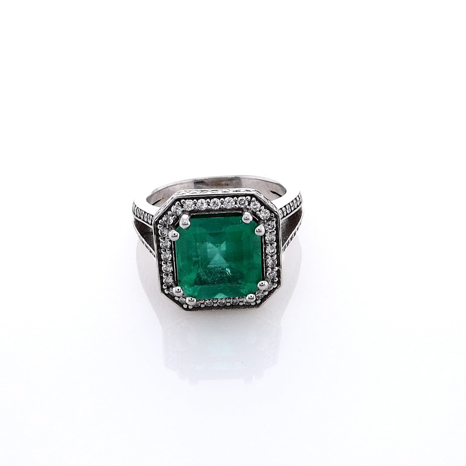 Exquisite 18k White Gold Emerald and Diamond Halo Split Shank Engagement Ring - Estate Jewelry Style