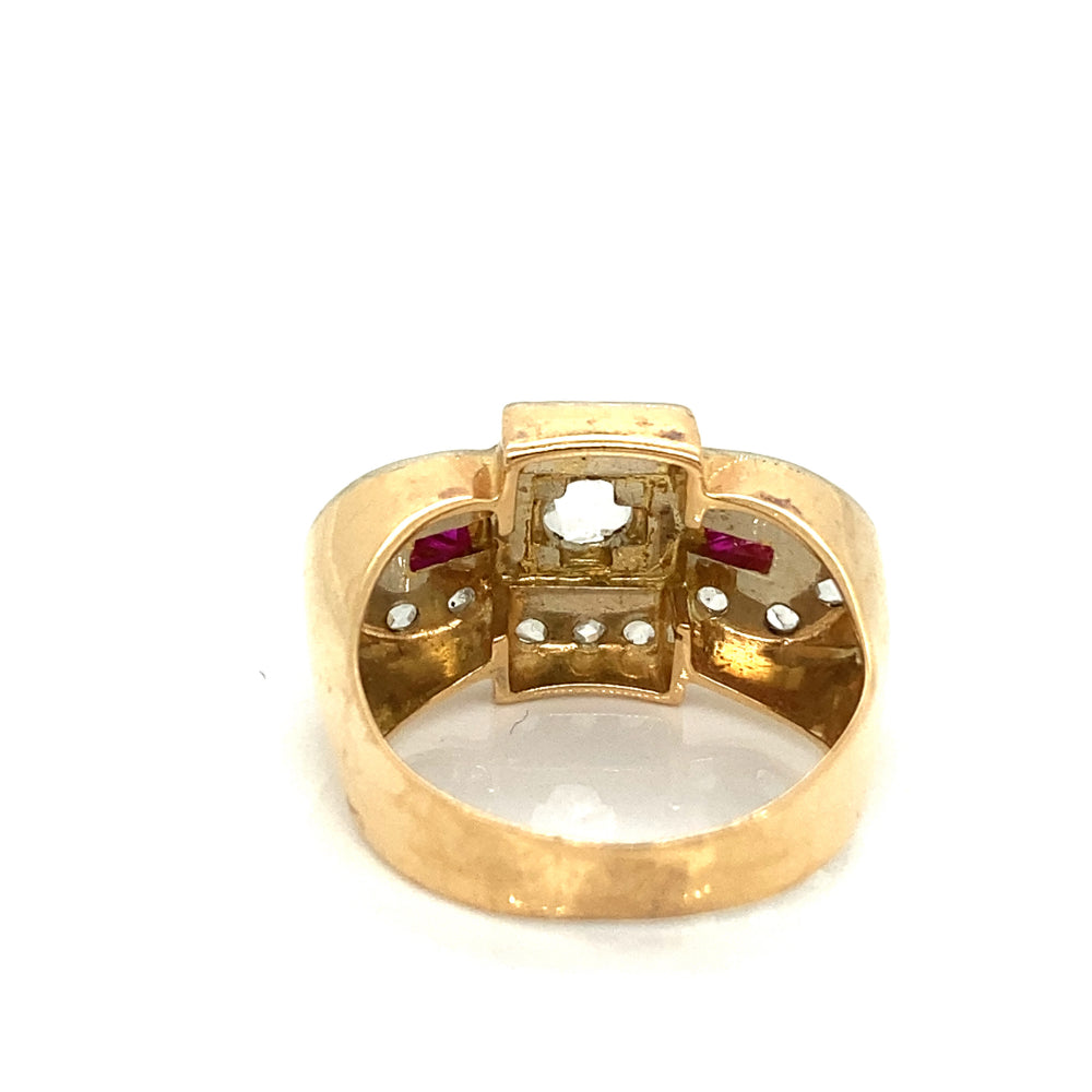 Retro 18k Yellow Gold Estate Ring with Diamond and Ruby