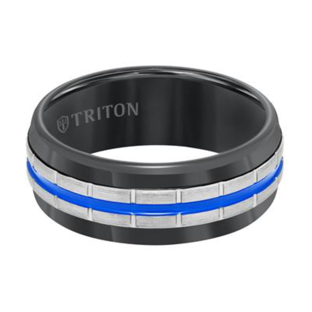 Men's Elegant Tungsten Carbide Wedding Band with Electric Blue Center Stripe and Vertical Grooves