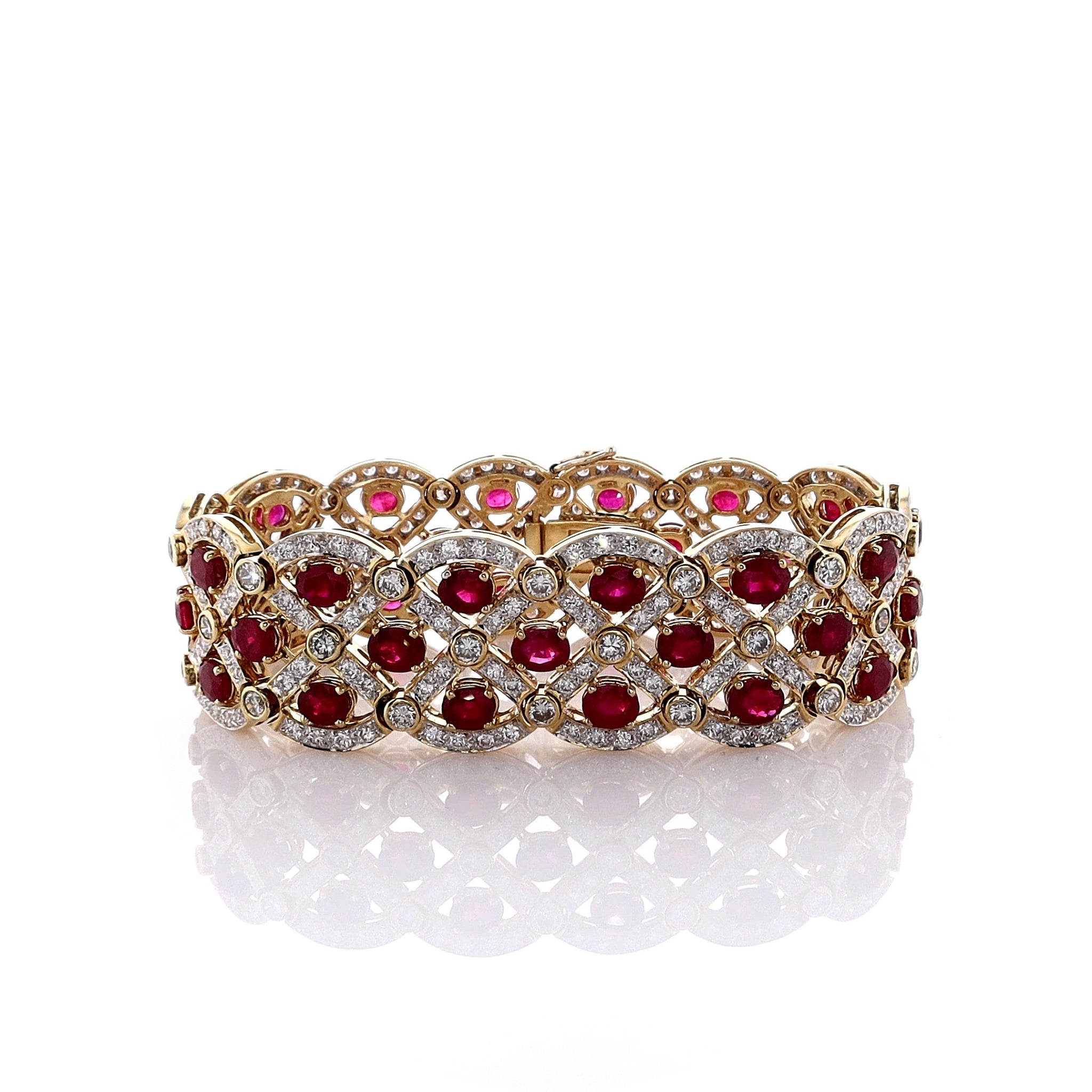 18K Yellow Gold Bracelet with Oval Rubies and Round Brilliant Cut Diamonds