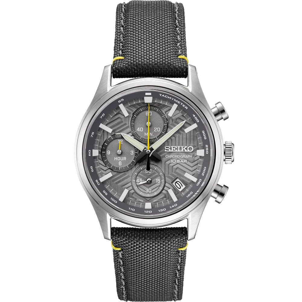 Seiko Men's Essentials Collection Chronograph Watch - Grey Dial and Strap with Yellow Accents (SSB423)
