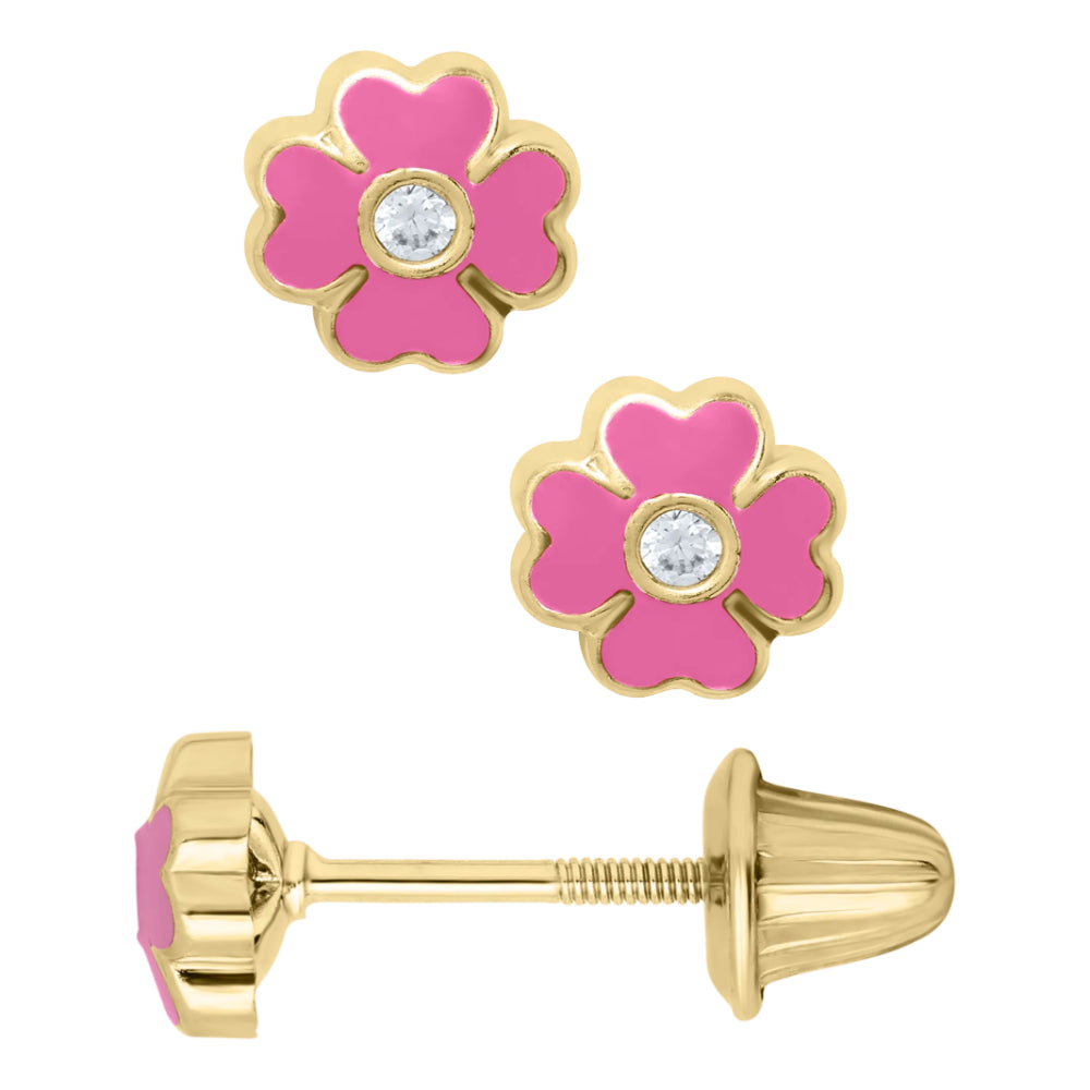 14k Pink Gold Enamel Children's Flower Stud Earrings for Little Ones