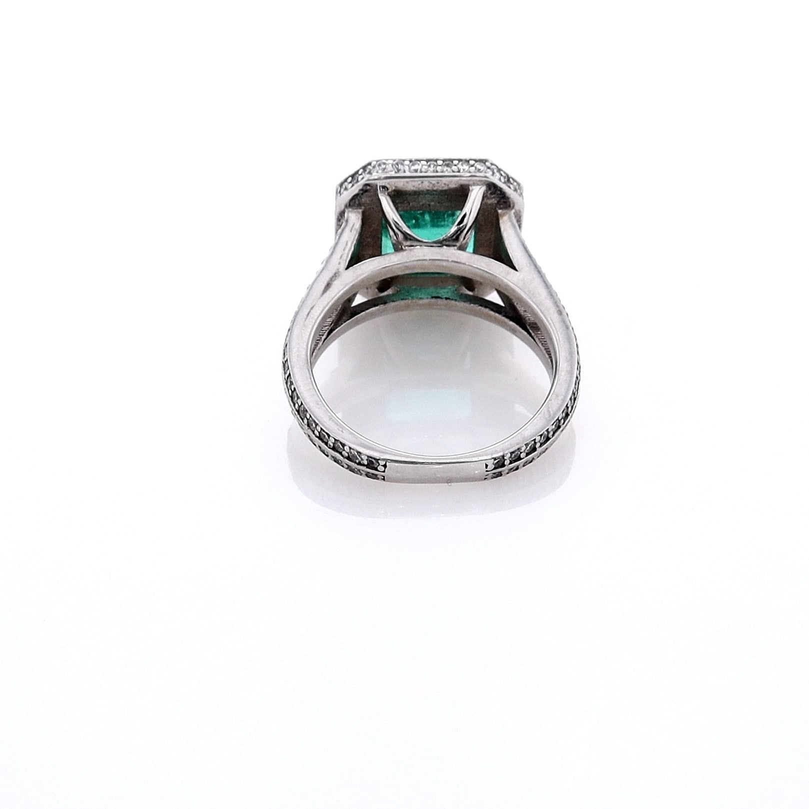 Exquisite 18k White Gold Emerald and Diamond Halo Split Shank Engagement Ring - Estate Jewelry Style