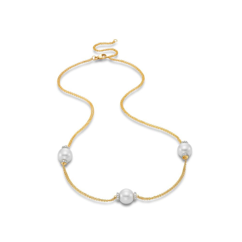 Exquisite Mastoloni 18k Gold Three-Pearl Station Necklace for Elegant Wear