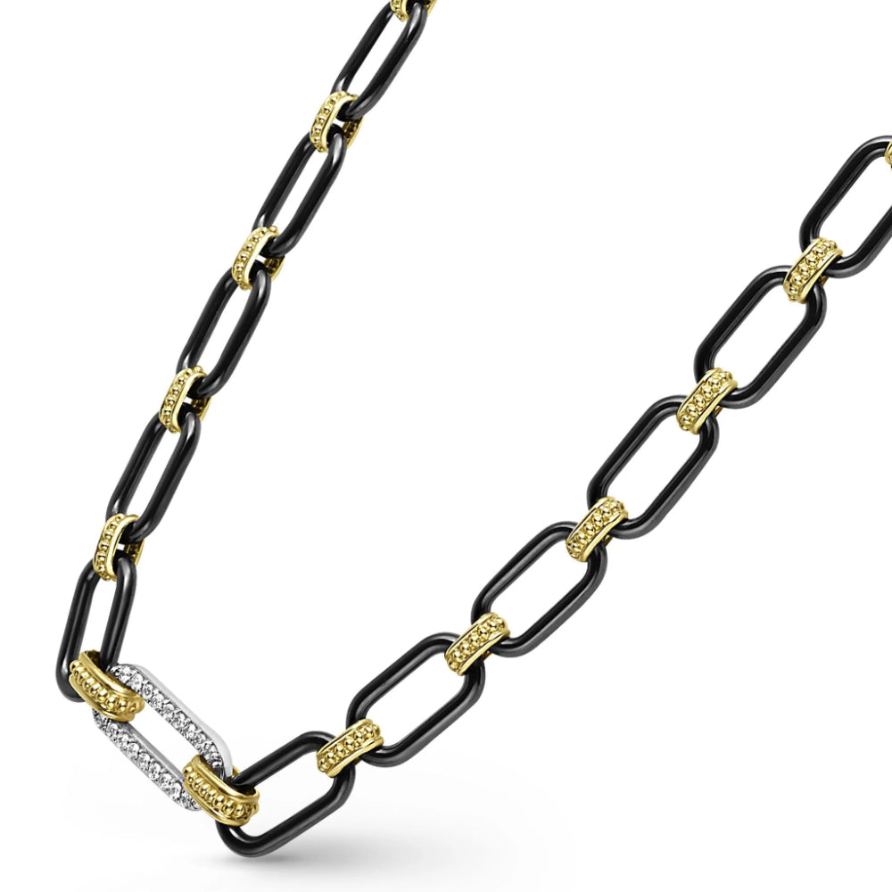 Lagos Signature Luxury 18k Gold and Black Ceramic Diamond Station Link Necklace for Women, with 6mm Diamonds