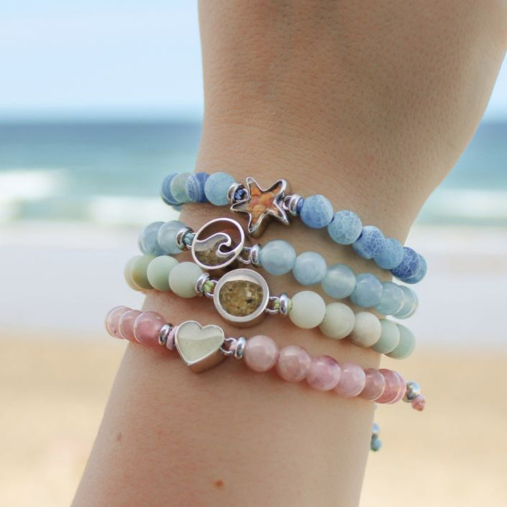 Adjustable Dune Beaded Bracelet with Heart Design and Rose Quartz Gemstone