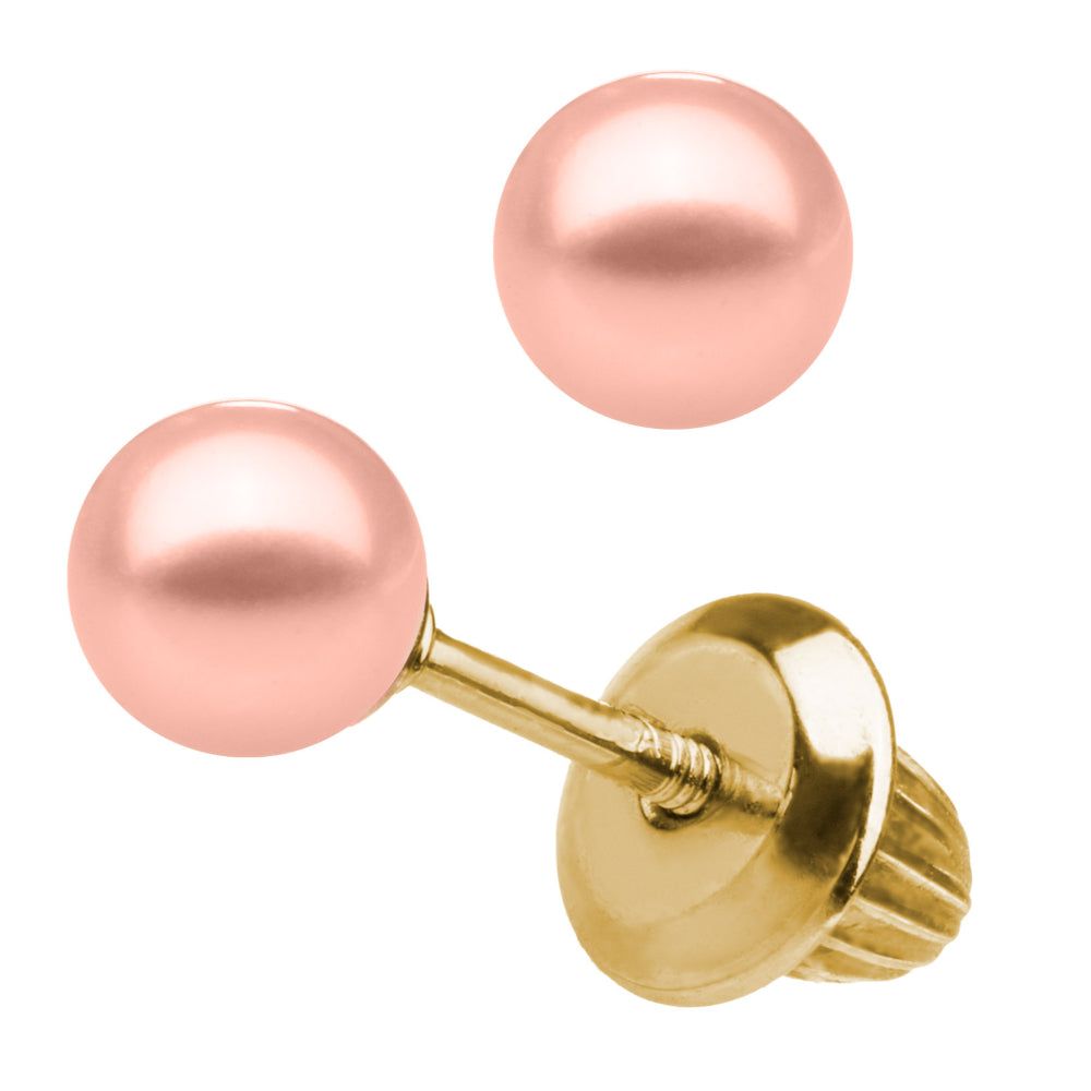 14k Gold Children's Pink Dyed Pearl Stud Earrings with Screw Back