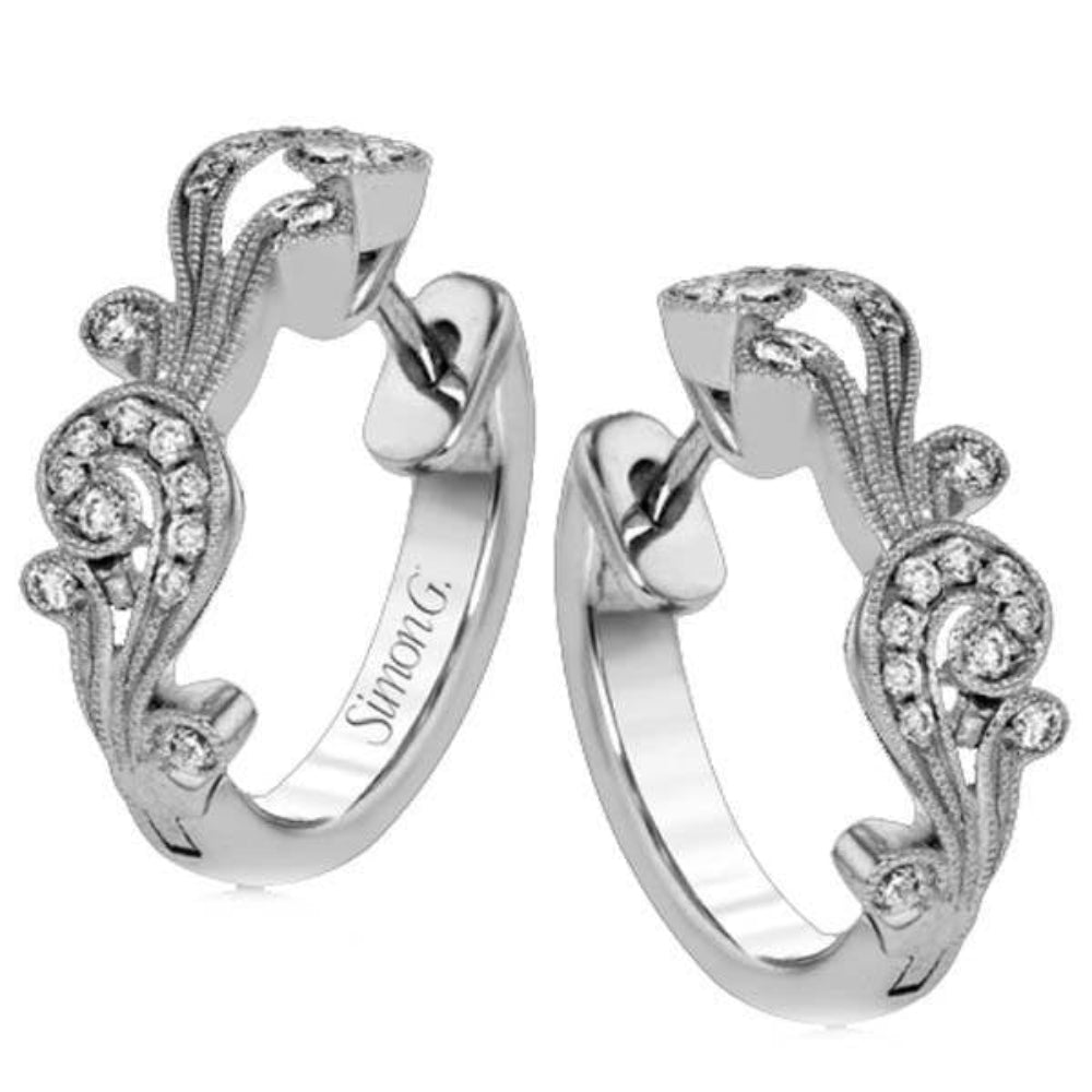 Simon G. 18k White Gold Vintage Filigree Diamond Hoop Earrings, 15.8mm