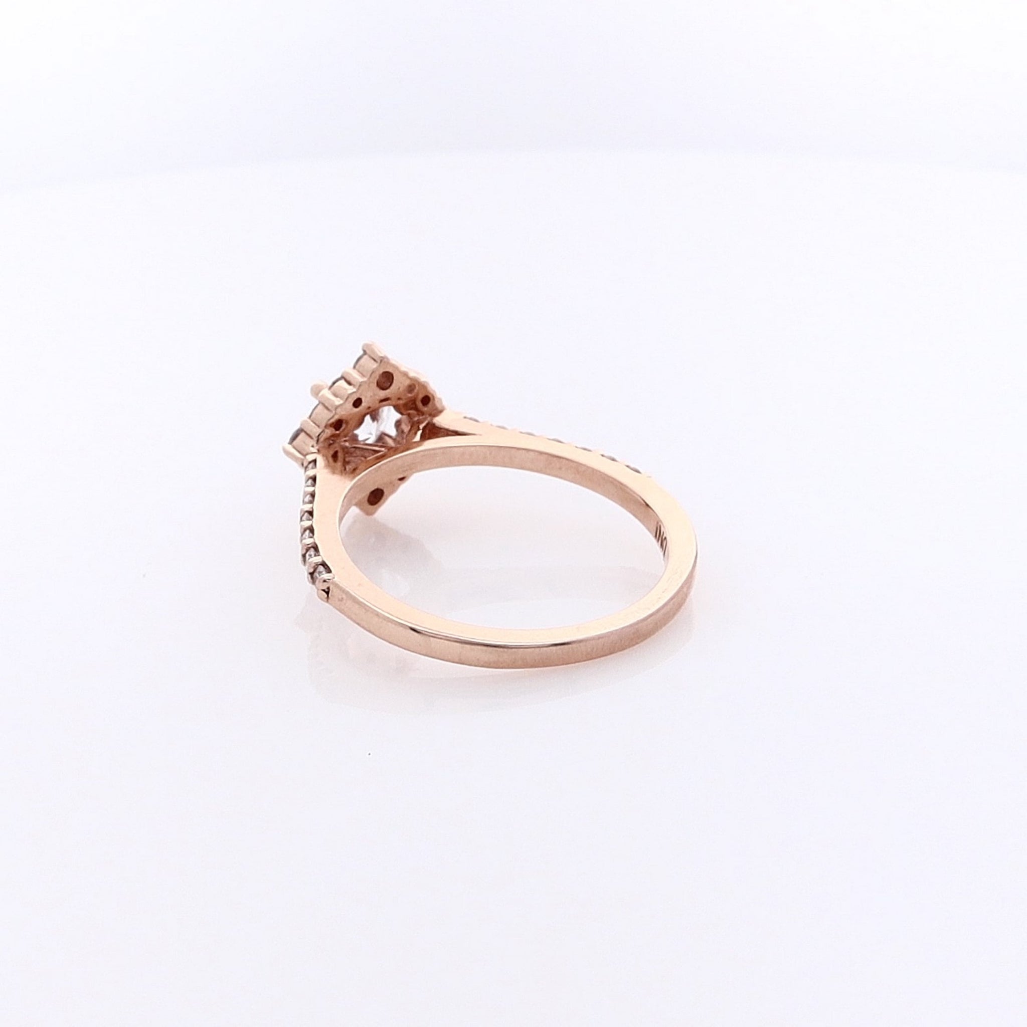14 Karat Rose Gold Engagement Ring with Semi Pave Diamond Halo and Cubic Zirconium Center