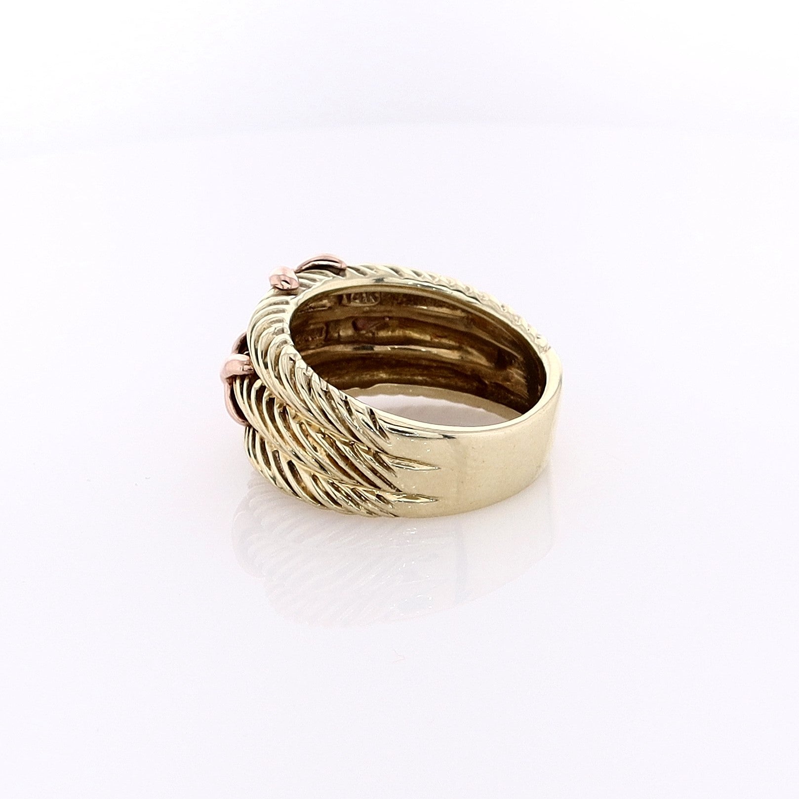 Estate David Yurman 18 Karat Two - Tone Yellow and Rose Gold Jewelry Ring with Triple Cable Band and Four Rose Gold 'X' Designs