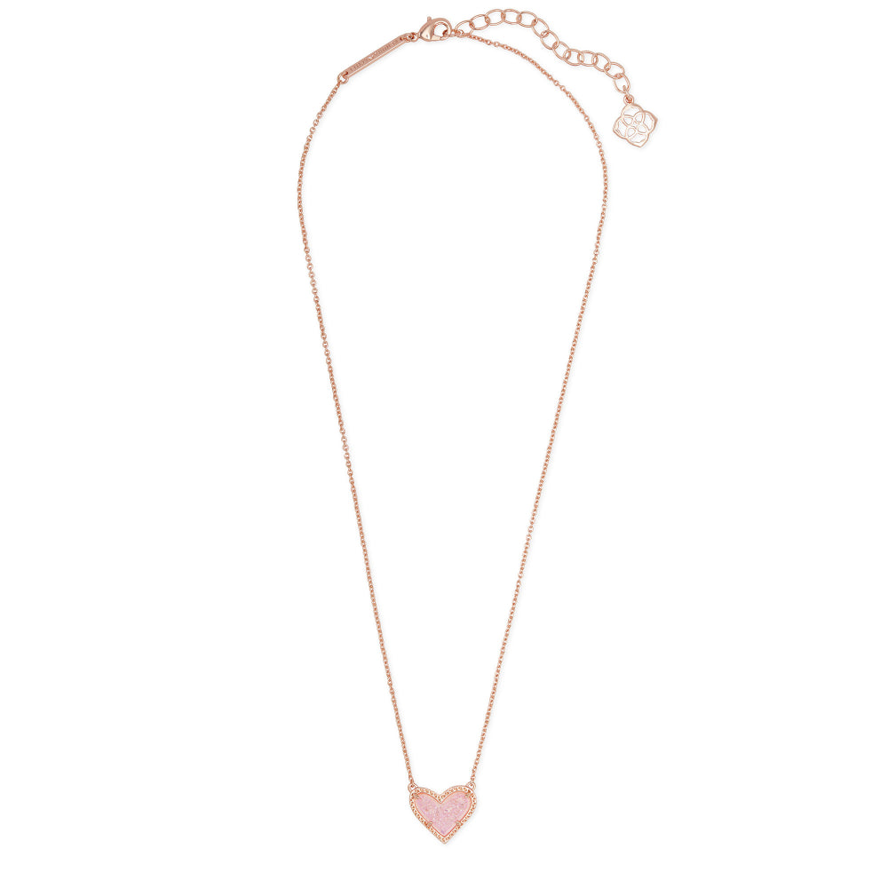 Kendra Scott Rose Gold Pink Drusy Ari Heart Short Pendant Necklace