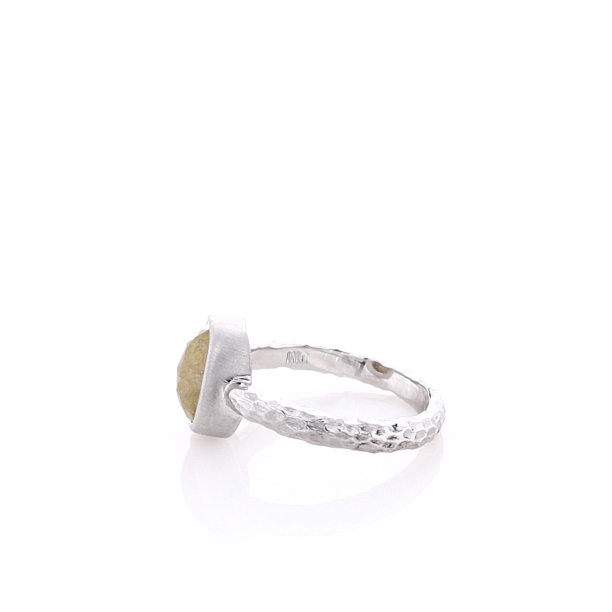 14k White Gold Ring with Brushed Hammered Shank and 2.15ct Rose Cut Oval Gold Stone