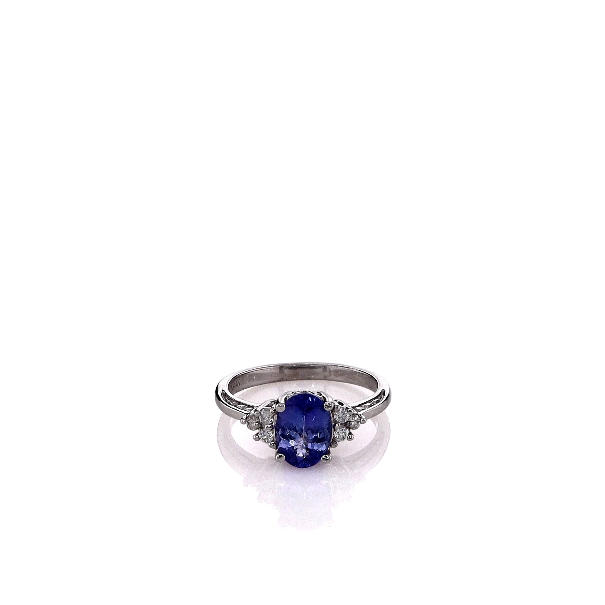 14k White Gold Ring with Purple Oval Tanzanite and Brilliant Cut Diamonds