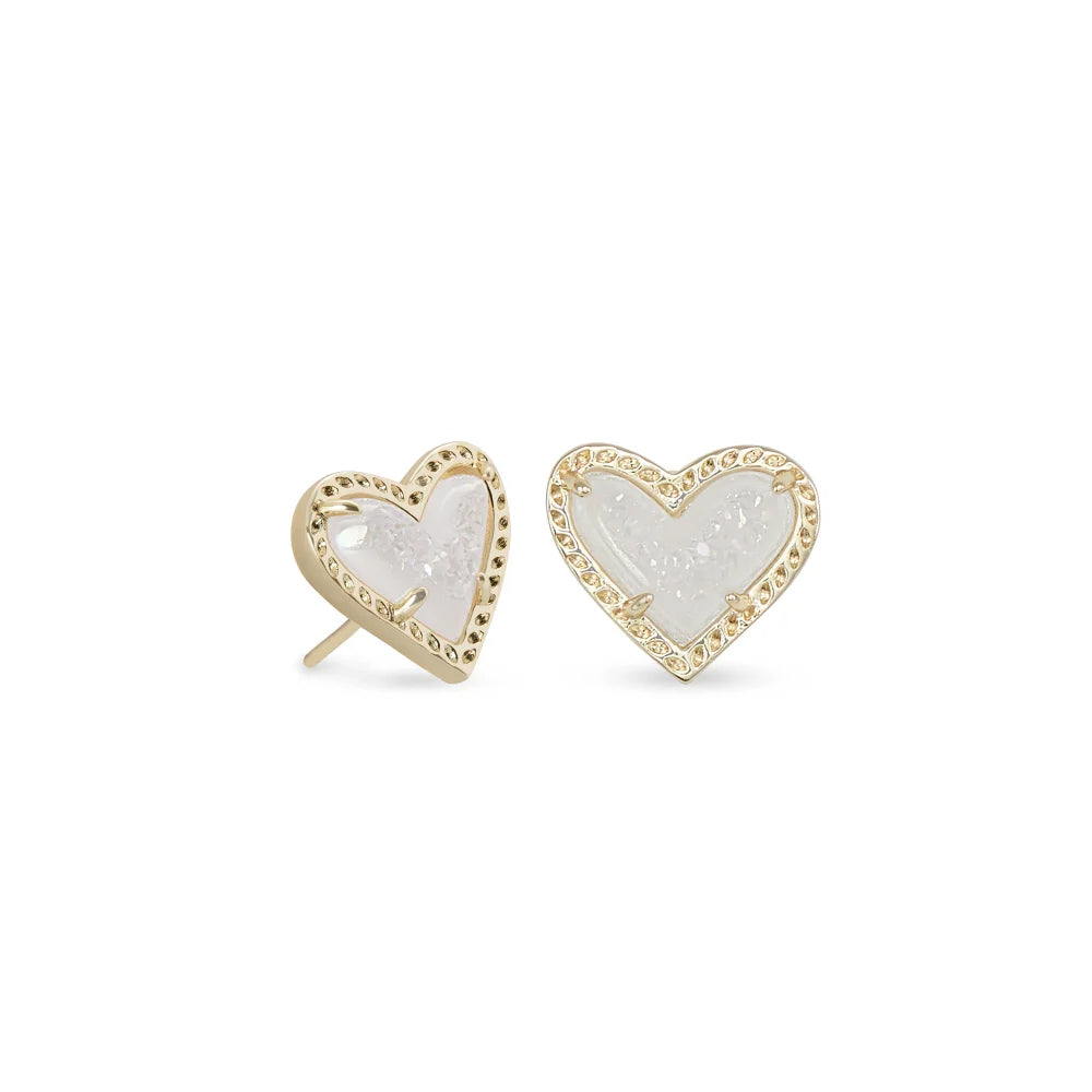 Kendra Scott Ari Heart-Shaped Gold Stud Earrings Decorated with Iridescent Drusy - A Fashionable Jewelry Accessory