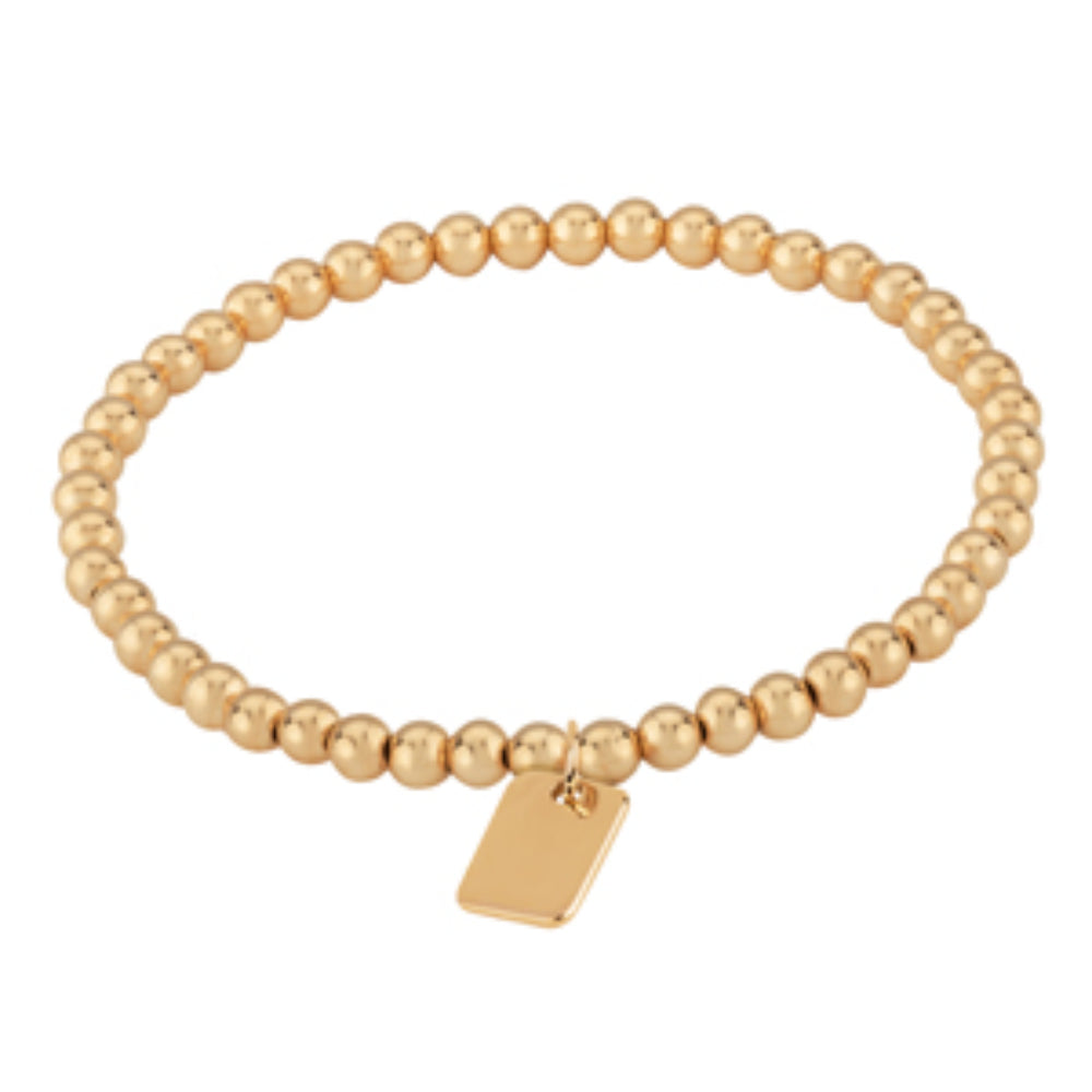 4mm 14k Yellow Gold Bead Bracelet with Small Dog Tag