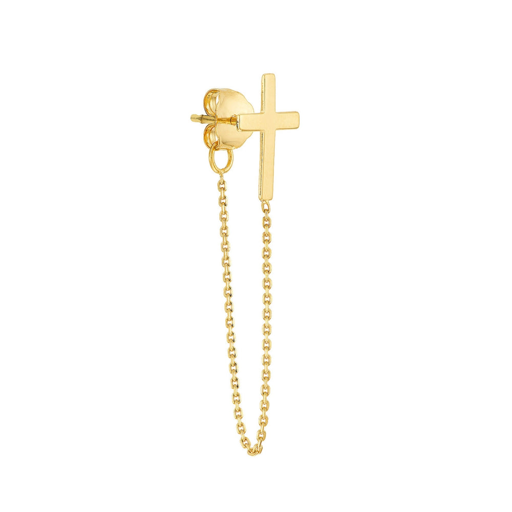 Stylish 14k Yellow Gold Cross Earrings with Dangling Chain