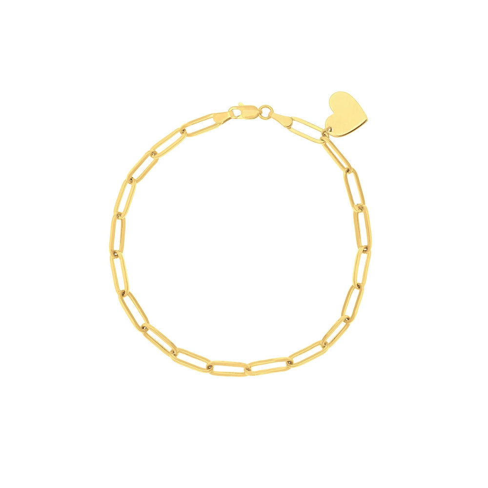Exquisite 14k Yellow Gold Paperclip Style Bracelet Featuring a Dangling Heart Charm