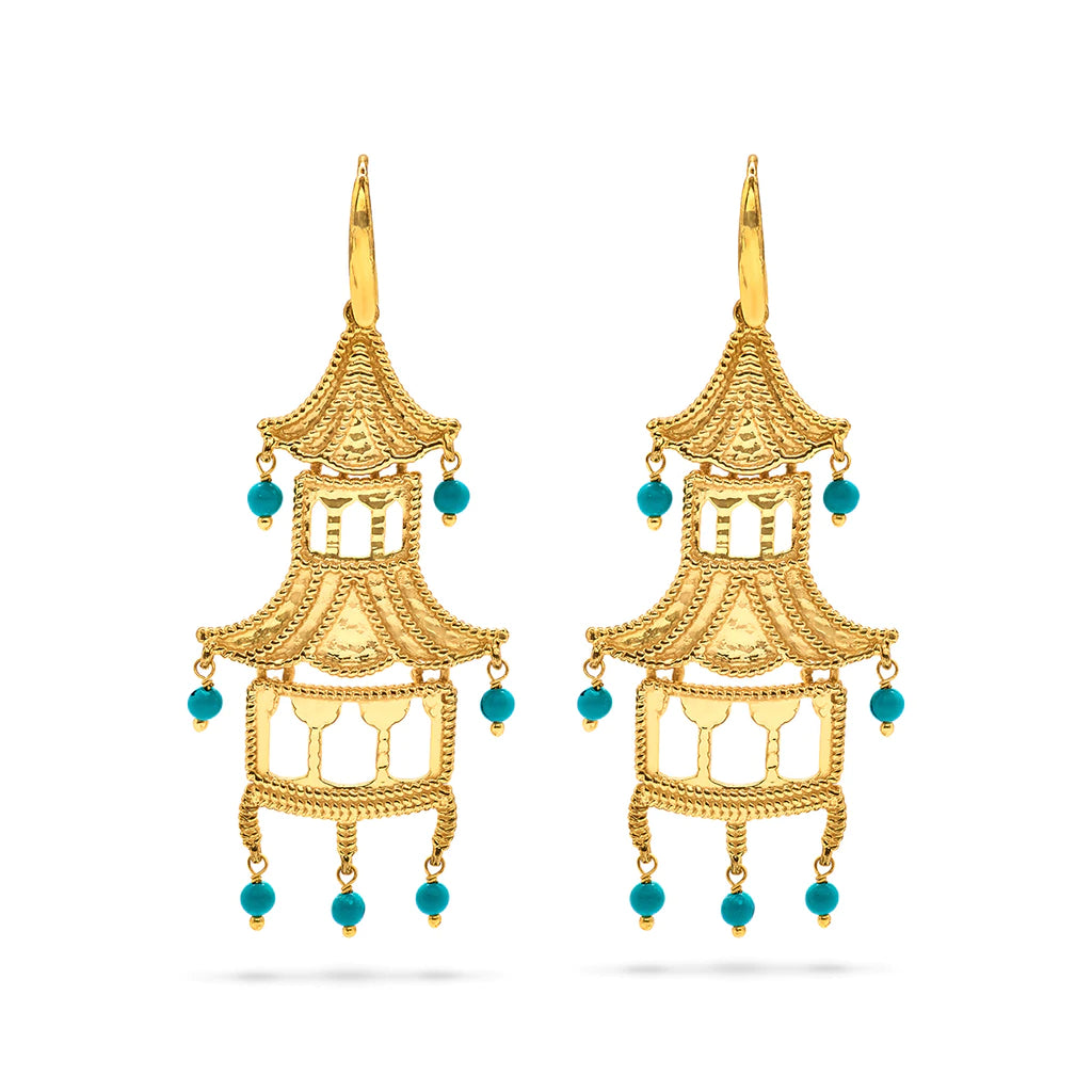Capucine De Wulf Exquisite Two - Story Grand Pagoda - Style Turquoise Beaded Earrings