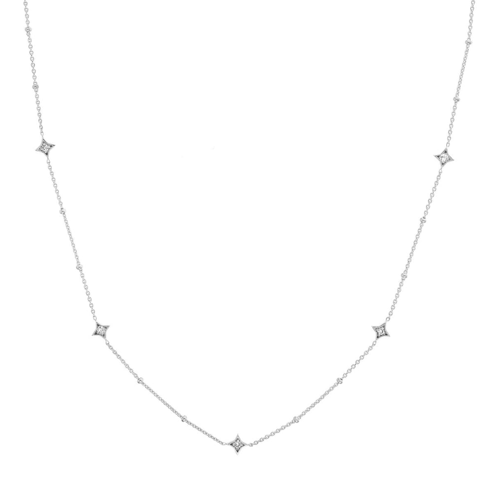 14k White Gold Adjustable Diamond Star and Bead Fashion Necklace