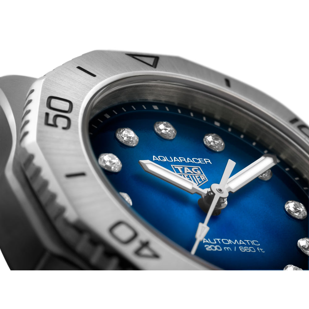 TAG Heuer 30mm Steel/Blue Aquaracer Professional 200 Date Watch with Diamonds